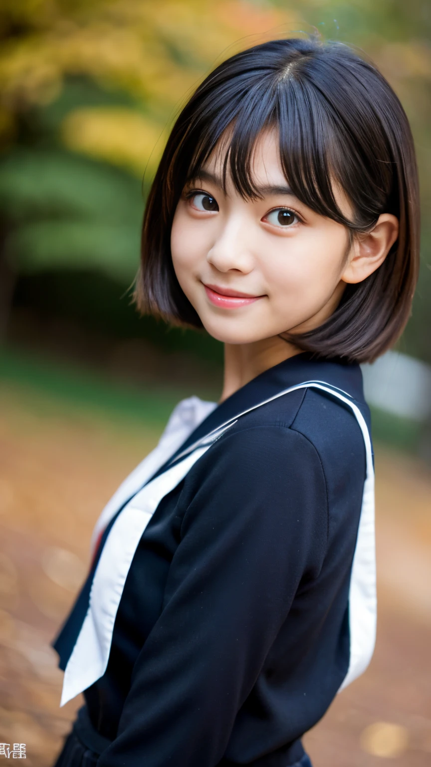 Best-quality, Masterpiece, Ultra-High-Resolution, (Photorealistic:1.4), Raw-Photo, Extremely-Details, Perfect-Anatomy,
at school playground in autumn,
1girl, 15-years-old, the most popular Japanese idol, upper-body-shot, wearing only Japanese school uniform, looking at viewer, ((innocent smile)),
extremely cute face like a most famous Japanese idol, extremely beautiful big
black solid circle eyes, extremely beautiful long eyelashes, extremely beautiful lips, extremely beautiful black short cut haired, extremely beautiful body,
detailed cute face, detailed beautiful big black solid circle eyes, detailed beautiful long eyelashes, detailed beautiful lips, detailed beautiful black short cut haired, detailed beautiful body, detailed Japanese school uniform