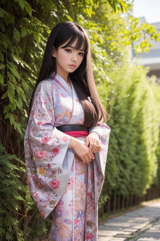 (8K, RAW shot, Highest Quality, masutepiece), High Definition RAW Color Pro Photos, (Realistic, Photorealism:1.37), (Highest Quality), (Highest shadow), (The best illustrations), (reality: 1.2), Distant view, (intricate-detail), 1 person, femele, 20yr old, Mysterious Beautiful Girl, Perfect Anatomy, Perfect proportions, Perfect face, Bright face, Facial details, Serious face, dark brown hair, Long straight hair, Parted bangs, hair blowing in wind, Kimono, Full body portrait, full body Esbian,