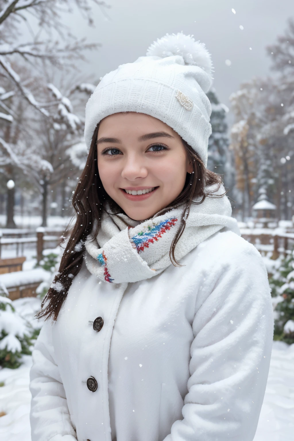 a cute snowman in a snowy landscape,snowy trees,frosty details,soft snowflakes,sparkling snow,medium:oil painting,ultra-detailed(best quality,4k,highres),vivid colors,peaceful and serene atmosphere,warm golden lighting,colorful scarf and hat,happy smiling face,mischievous carrot nose,magical snowfall,children playing in the background,beautiful winter wonderland