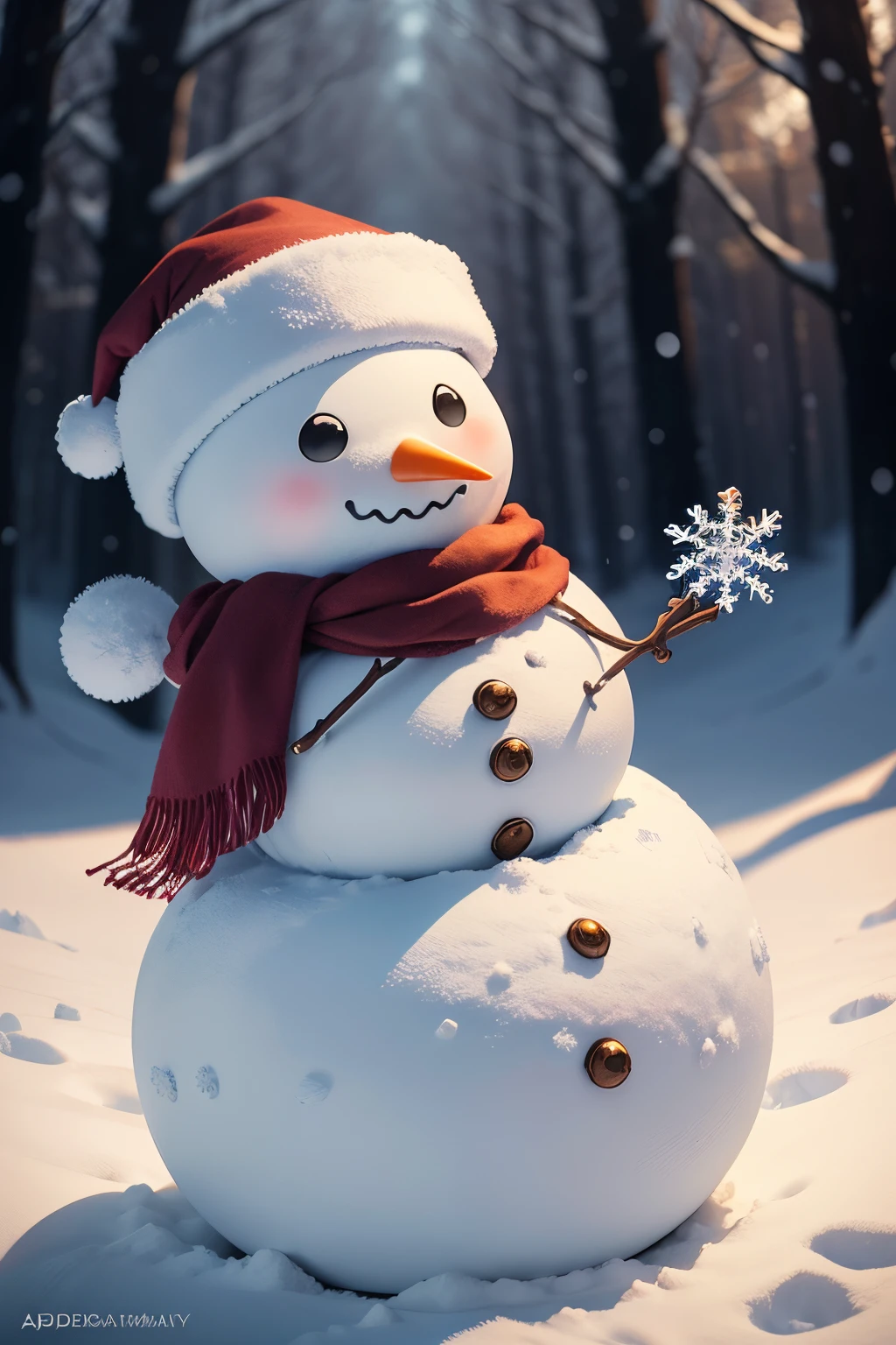 At the highest quality, creating a masterpiece, depict an enchanting winter scene featuring a snowman. The snowman should be meticulously detailed, with a vibrant carrot nose, coal eyes, and a warm smile. Adorn the snowman with a cozy hat and scarf in vibrant colors. Additionally, include delicate snowflakes cascading from the sky, creating a magical atmosphere. Emphasize the snowy landscape and the cold winter weather to bring out the winter essence. To enhance the artwork, incorporate the playful touch of cat ears on the snowman, adding a whimsical and charming element to the scene. Ensure that the overall image is realistic and photorealistic, with sharp focus and vivid colors. Utilize studio lighting techniques to accentuate the details and create depth in the snowman and its surroundings. Control the color palette to reflect the cool and serene ambiance of winter. The lighting should capture the soft glow of the snow, casting shadows and highlights on the snowman, making it come alive.