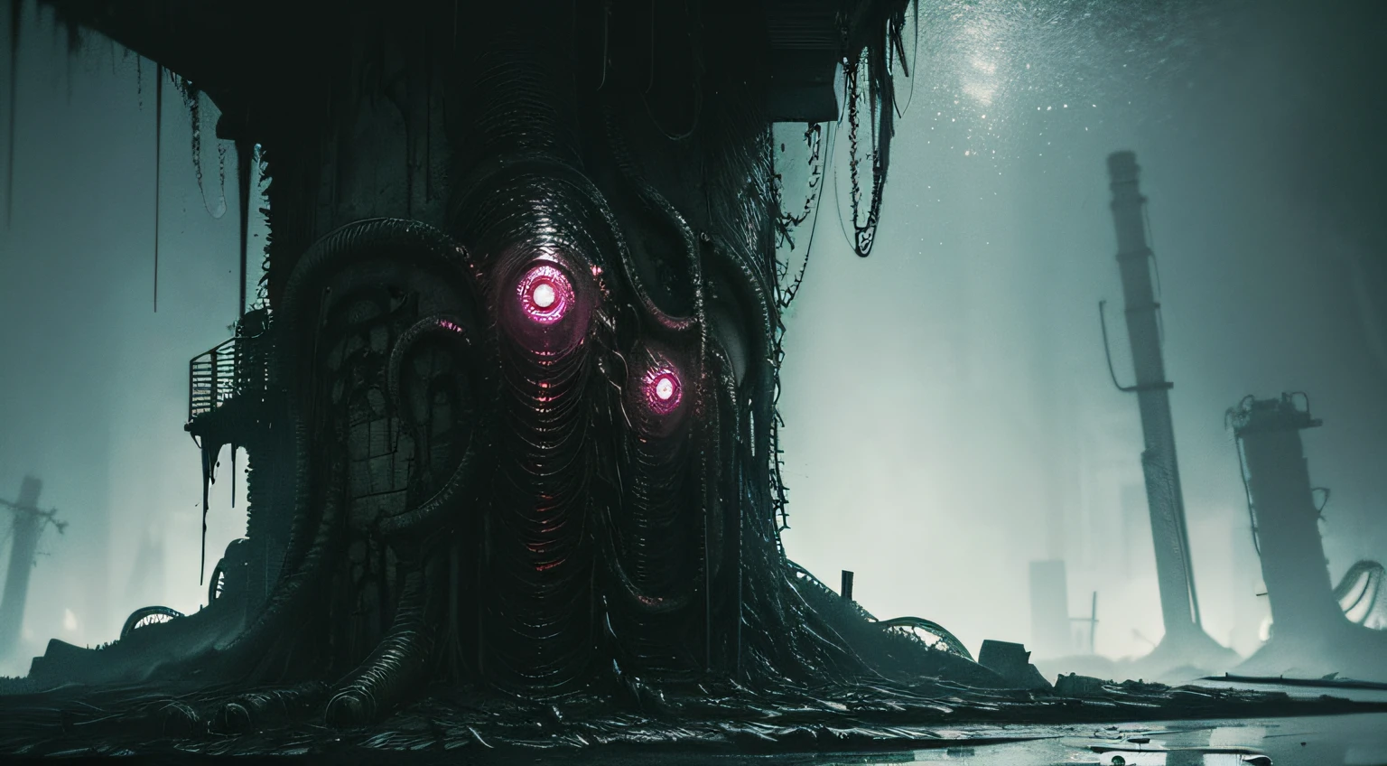 ((gloomy tentacle horror biopunk atmosphere)), cold lighting, abandoned sorrow wasteland landscape, (scorn videogame style), horror atmosphere, presence of something terrible, highly detailed biopunk background, background by Hans Giger, perfect anatomy, masterpiece