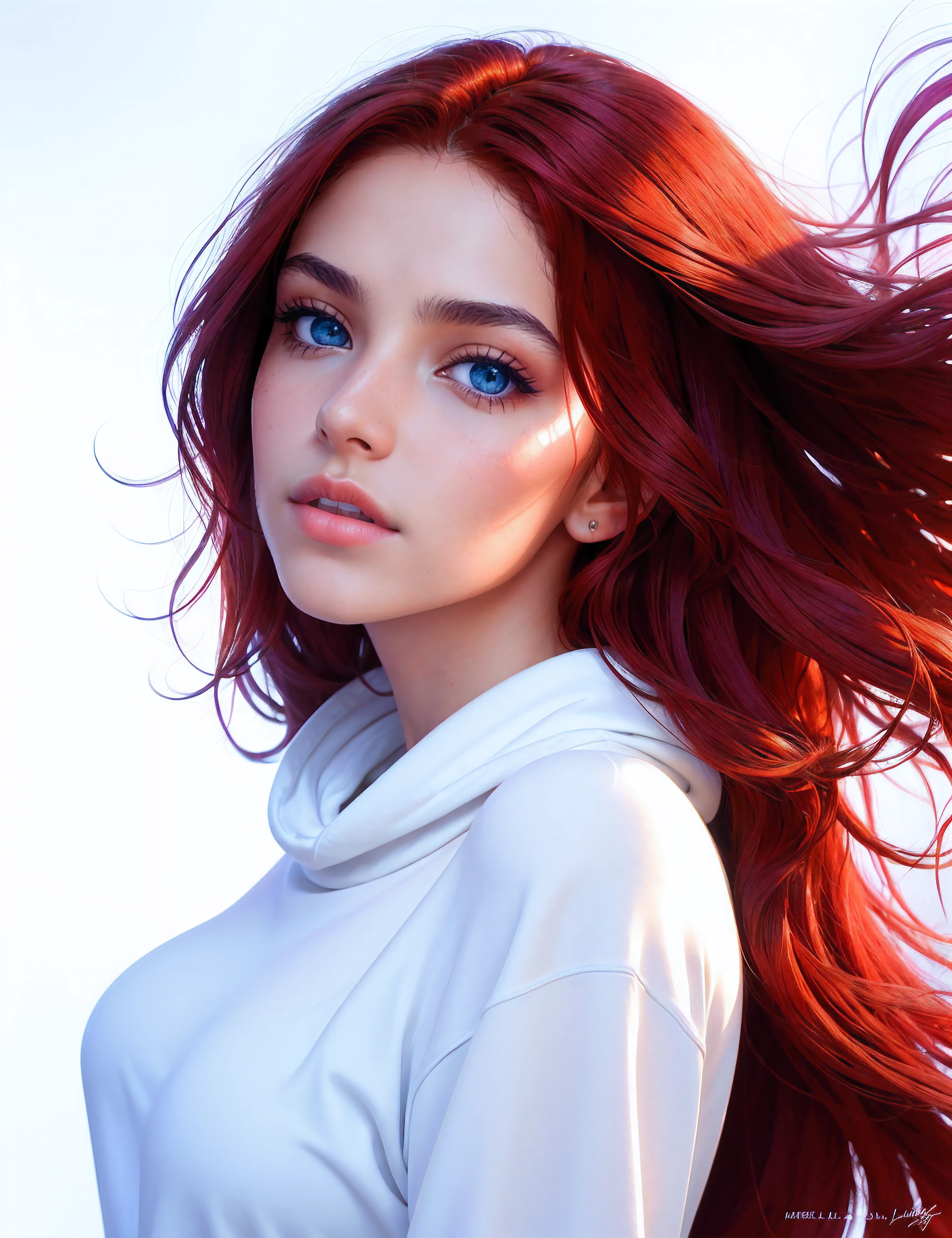high angle photo of a gorgeous young woman in the style of stefan kostic, (red hair), very very long hair, very big blue eyes, realistic skin texture, looks up, white sweatshirt, white thong, slender hips, 1 / 2 body crop, 8 5 mm art lens, f 1. 2, sharp focus, 8 k high definition, insanely detailed, intricate, elegant, art by stanley lau and artgerm