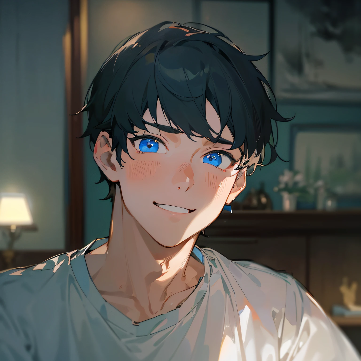 masterpiece、hightquality、20 year old man with short black hair and blue eyes、Like a cartoon in Japan、wearing white t-shirts、(Alone:1.5)、(A smiling expression of embarrassment:1.1)、(Close-up of your face:1.3)、(Only the upper body is shown.:1.3)、The background is the living room at night、Bold composition、