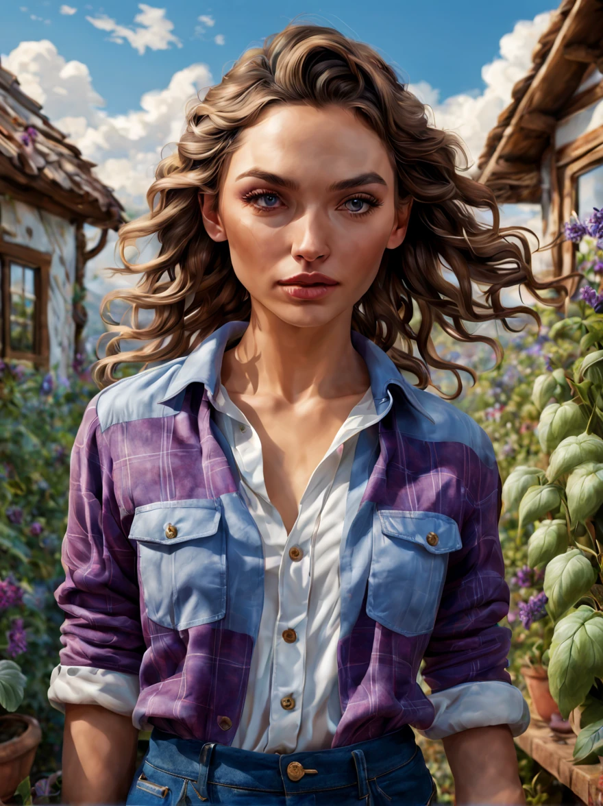 ((Waist Up Shot)) Professional Photo of 20 yo European Look gorgeous female [Gal Gadot : Maude Adams : 0.4] donning casual modest long sleeves flannel shirt, blue jeans trousers, adidas sneakers walks at her breath-taking surreal urban garden scene with full of beautiful and vibrant purple eggplant and other produces, her cozy Tiny House in background, sustainable off grid living, blue sky with cotton like white clouds, detailed face, detailed hair, sharp focus, Portrait photo, by WLOP and Thomas Ruppel, masterpiece, stunning, fantasy, hyper detailed, 8k character,