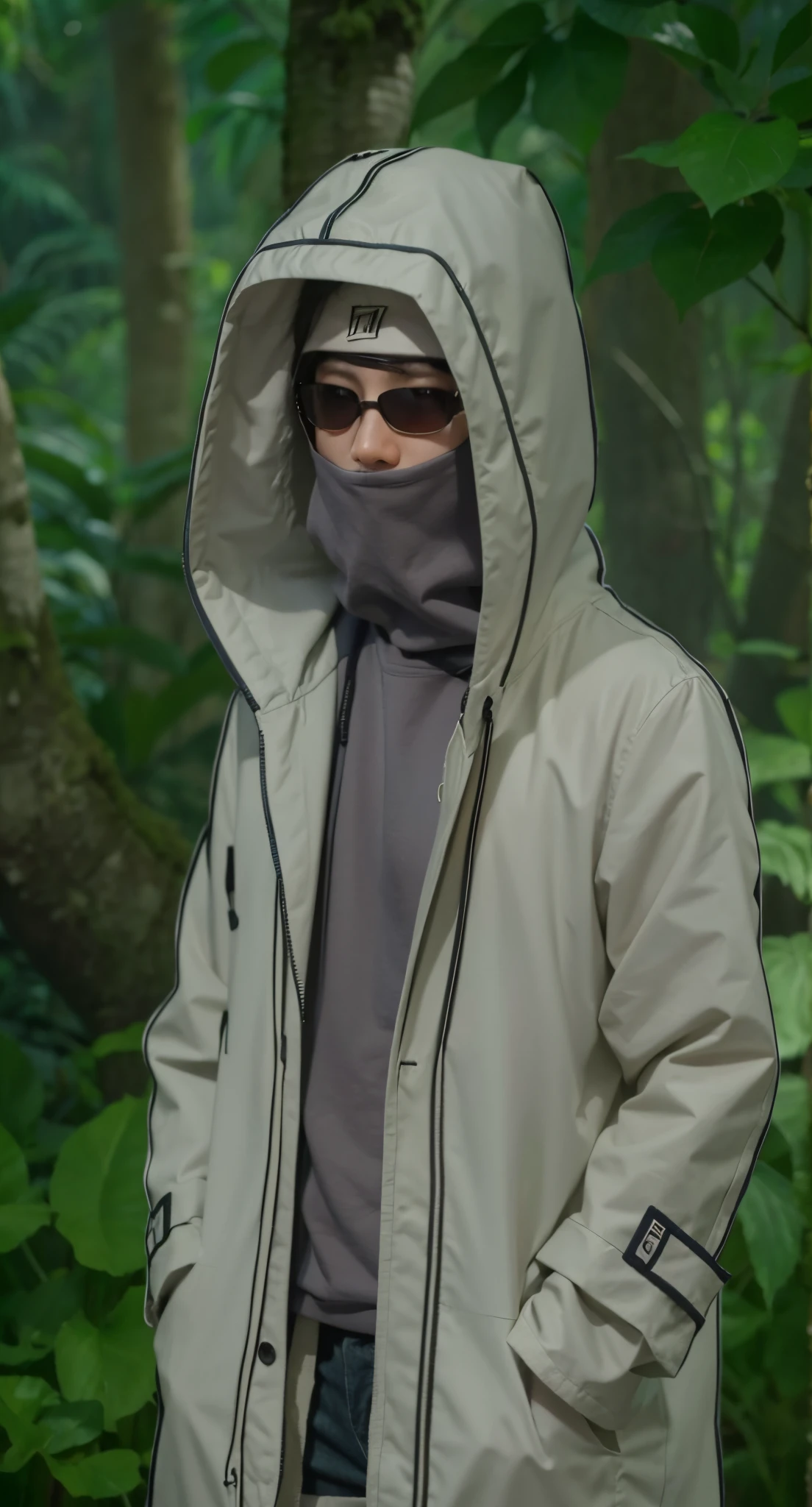 Real life adaption of this character ,man, (realistic same outfit ), realistic jungle background , realistic light, realistic shadow, realism, hyper realistic,(photorealistic:1.2),