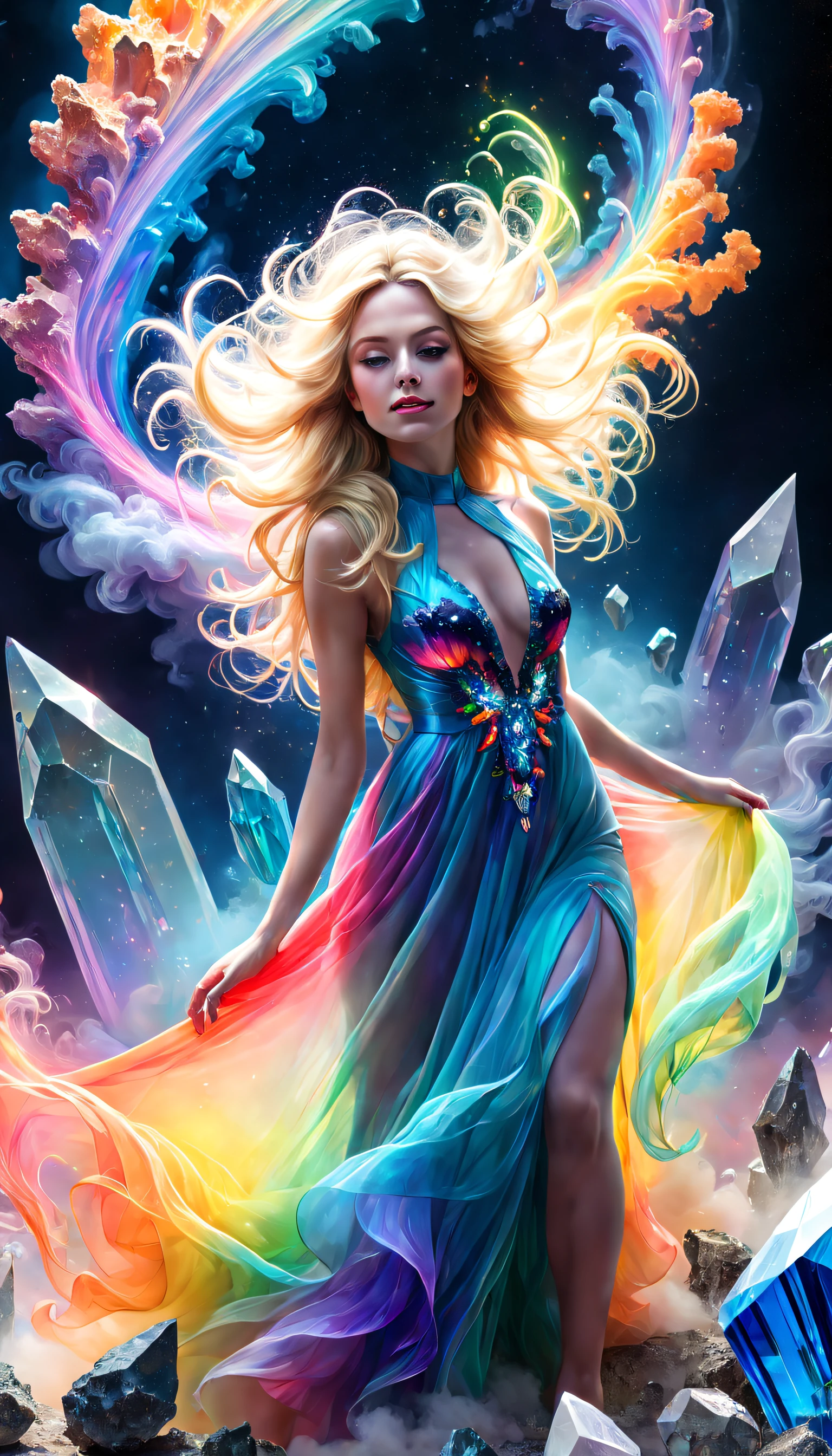 romanticism lain, hyper HD, Ethereal, mistic, Full body portrait of a beautiful and charming young woman, Flawless angel face, Endless extra-long blonde hair, flow around her, blown away by the wind, (A soft rainbow smoke floats around her body) like an elegant dress ((Made of vibrant and vivid, smooth private parts, Soft swirls of billowing smoke and colorful cosmic nebulae)), the are In the background ((Stunning crystals and a variety of colorful minerals: 1.6)), Fantasyart, photo-realism, Hyper-realism, The is very detailed, Popular topics on artstationh, Focus sharp, The best shadow, Best quality at best, dynamic compositions, studio photo, Complicated details, primitive, simulating, Digital SLR, smile, Cinematic, Surrealism, Contemporary art, cinematic lighting, ray tracing, god rays, 16k, UHD, best quality, highres, high quality, textured skin, masterpiece