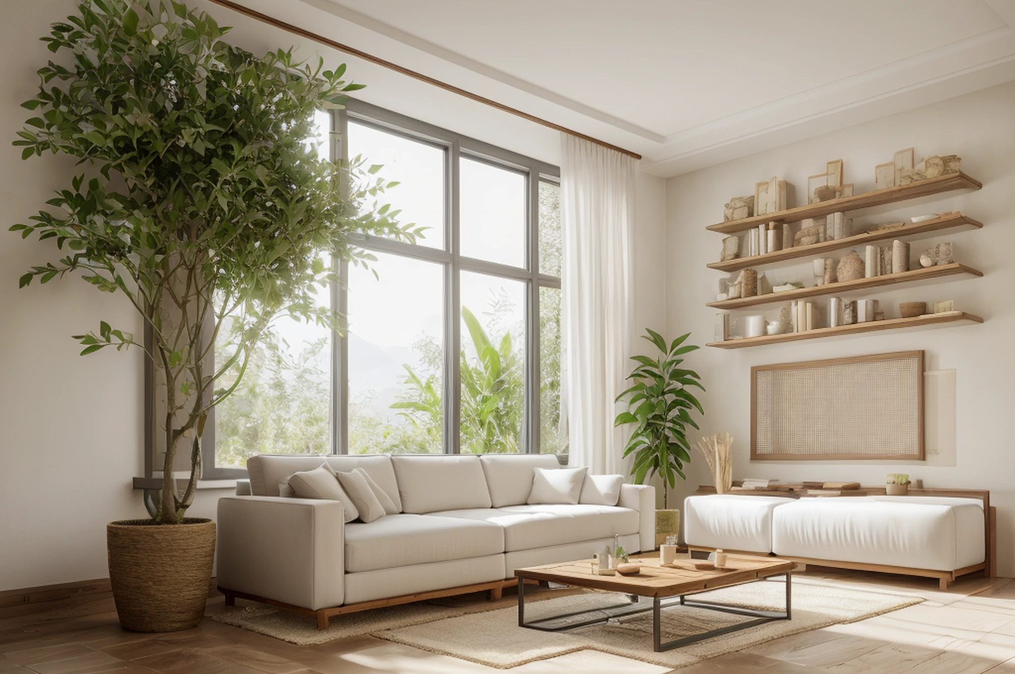 wabi sabi livingroom interior, large glass window, garden outside, dinning table and chair, couch, rough-hewn wood coffee table, sunlighting,neutral lighting, low contrast, potted plant, picture frame, bookshelf, books, drape, white color scheme