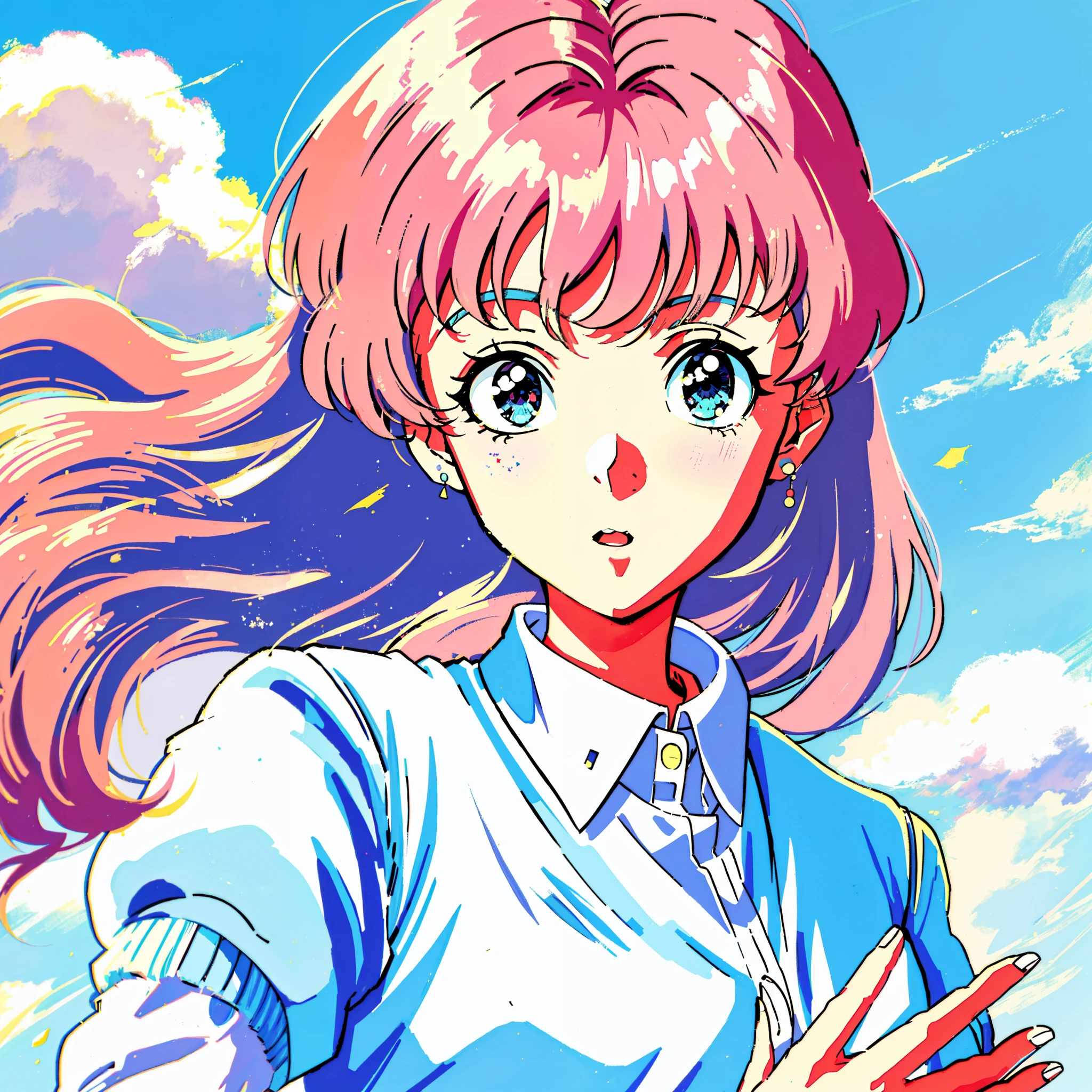 muted pastel colors, Retro Souls, аниме 1990-х, Anime from the 1980s, brushstrokes, Anime style, 1 girl, upper-body, Big Face