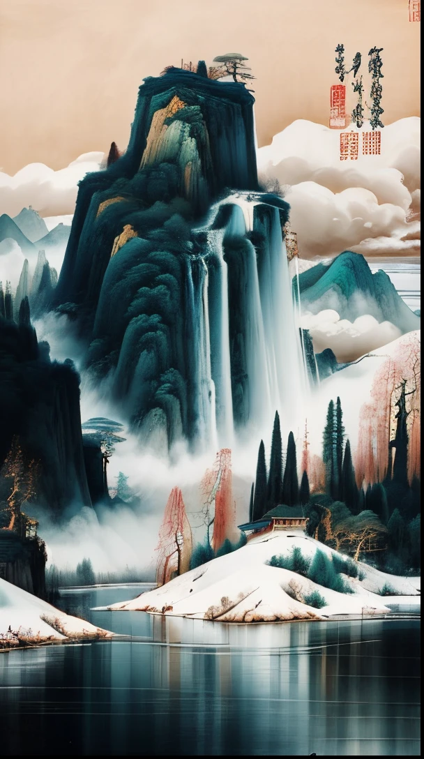 Green mountains,lake water,scenecy,Eau,that tree,cloud,reflector,Outdoor sports,sky sky,waterfall man,english text,Eternal,Monte,Fantastical,baiyun,Auspicious clouds,pines_that tree,Ink painting and watercolor,inverted image,The white,Reflection of water,reflector,Wallpapers,the complex background,,National style,chineseidol,