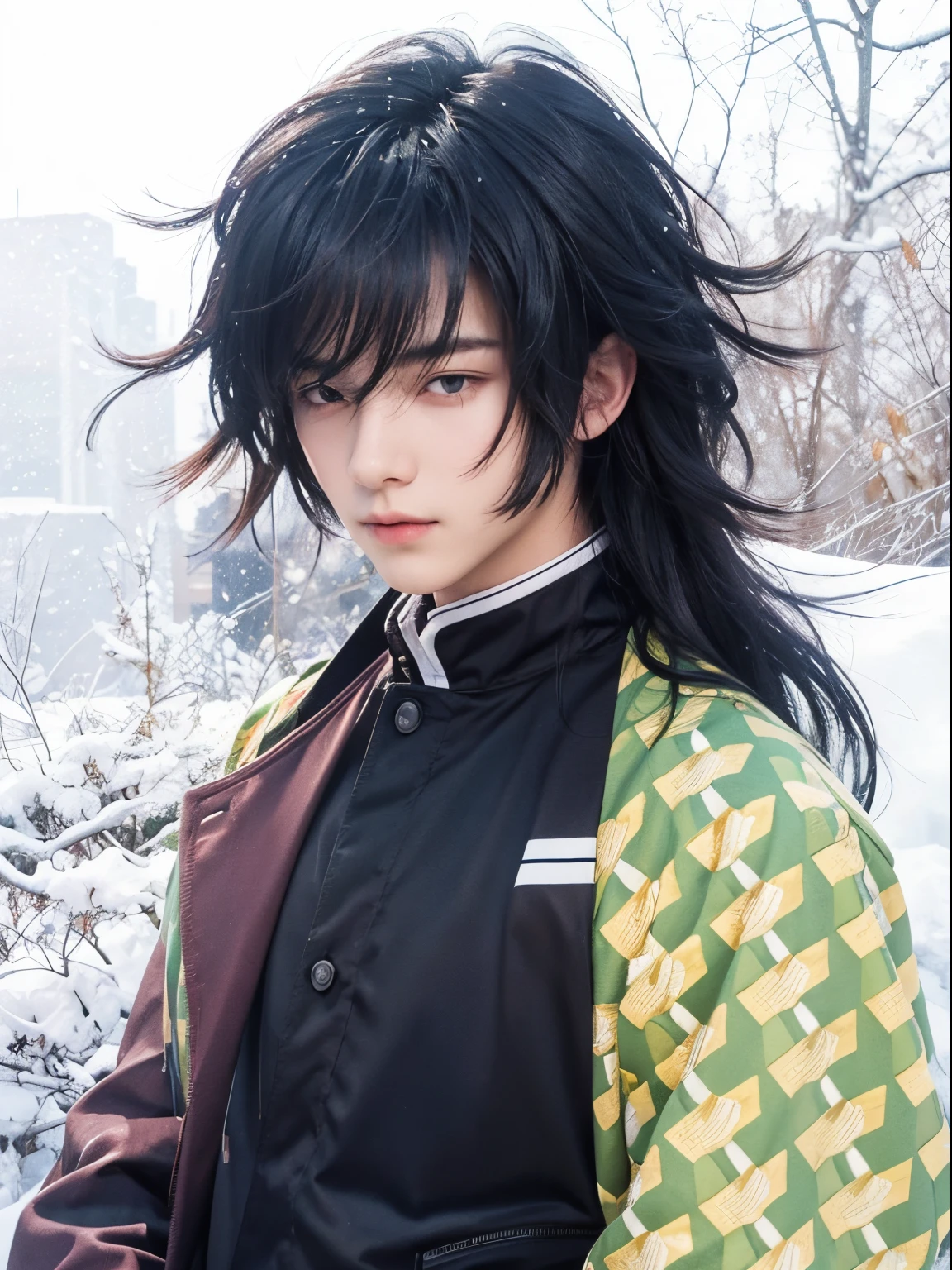 A teenage boy with realistic long black hair, exactly the same hairstyle, realistic handsome face, realistic cool expression, adapt exact clothing, realistic light, realistic shadows, realistic background, realistic snow