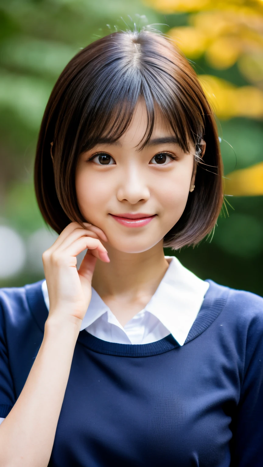Best-quality, Masterpiece, Ultra-High-Resolution, (Photorealistic:1.4), Raw-Photo, Extremely-Details, Perfect-Anatomy,
at school playground in autumn,
1girl, 15-years-old, the most popular Japanese idol, upper-body-shot, wearing only Japanese school uniform, looking at viewer, ((innocent smile, upturned coccyx)),
extremely cute face like a most famous Japanese idol, extremely beautiful big
black solid circle eyes, extremely beautiful long eyelashes, extremely beautiful lips, extremely beautiful black short cut haired, extremely beautiful body, extremely beautiful hip,
detailed cute face, detailed beautiful big black solid circle eyes, detailed beautiful long eyelashes, detailed beautiful lips, detailed beautiful black short cut haired, detailed beautiful body, detailed hip, detailed Japanese school uniform