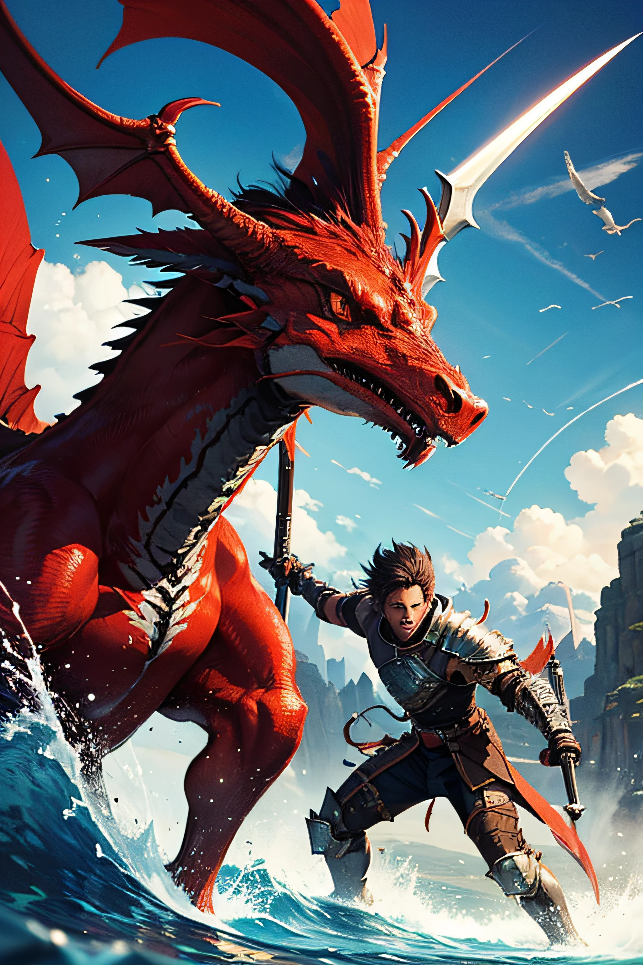Generate a dynamic and visually engaging image featuring a fierce confrontation between a Monster Hunter wielding a powerful Gunlance and another skilled hunter armed with a Sword and Shield. The two warriors clash in the midst of an intense battle, capturing the essence of their distinctive fighting styles. Meanwhile, soaring above the combat scene is a majestic red Wyvern in the sky, adding an element of awe and danger to the atmosphere. Bring this action-packed scenario to life with attention to detail in weapons, armor, and the dynamic movements of the hunters, while emphasizing the soaring presence of the Wyvern overhead. The composition should seamlessly blend the intensity of the melee with the majestic presence of the airborne creature for a visually captivating depiction.