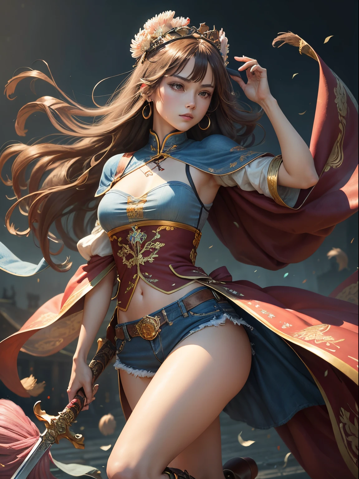 Best Quality, masutepiece, ultra-detailhigh-resolution, (Realistic: 1.4), Watercolor style, Illustration, Dazzling background color,, Skinny Girl with Weapons, (solo exhibition: 1.2), (denim lens: 1.2), (Hair crown: 1.2), (dark brown hair,Traditional Chinese Dunhuang costumes, No strap, (Red Eyeliner: 1.2), (: 1.4), (Accurate Hand Modeling),earrings, Dynamic Angle, Opera House, Messy_long_hair, inky, movie lights, lens_f lare, velvet, chrysanthemums, tassels, bow ribbon, Color embroidery,long boots,Photograph the whole body,Dance of the Sword,Holding a sword in his right hand,Camera work shot from a distance,