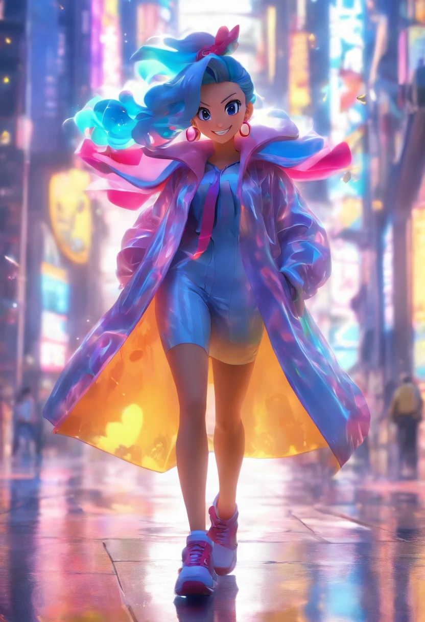 Full length shot, full body,Meechan is on her way to work, wearing a transparent coat and big earrings at the company entrance,smile,Disneystyle,headlights,glossy,3D rendering,8k, --ar 3:4 --niji 5 --style expressive --s 400 --v 5.1--s 750