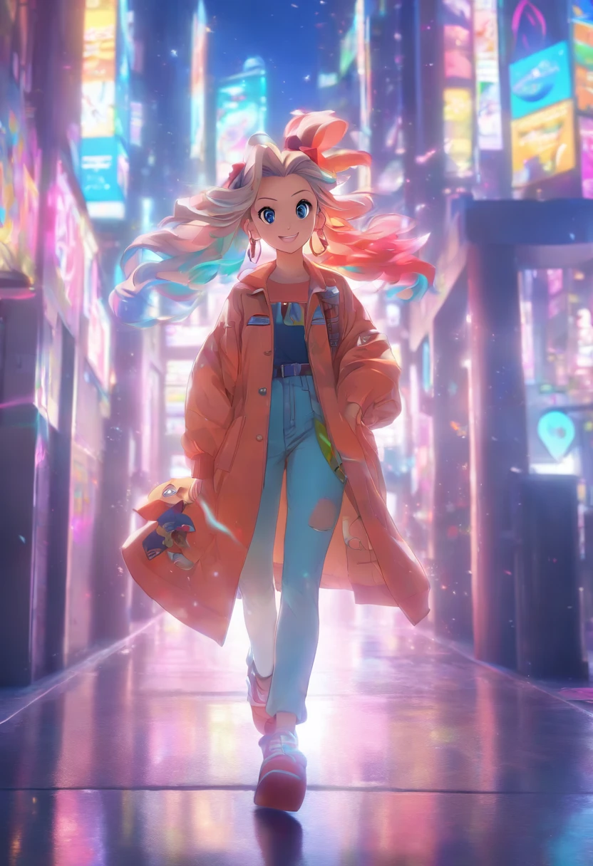 Full length shot, full body,Meechan is on her way to work, wearing a transparent coat and big earrings at the company entrance,smile,Disneystyle,headlights,glossy,3D rendering,8k, --ar 3:4 --niji 5 --style expressive --s 400 --v 5.1--s 750