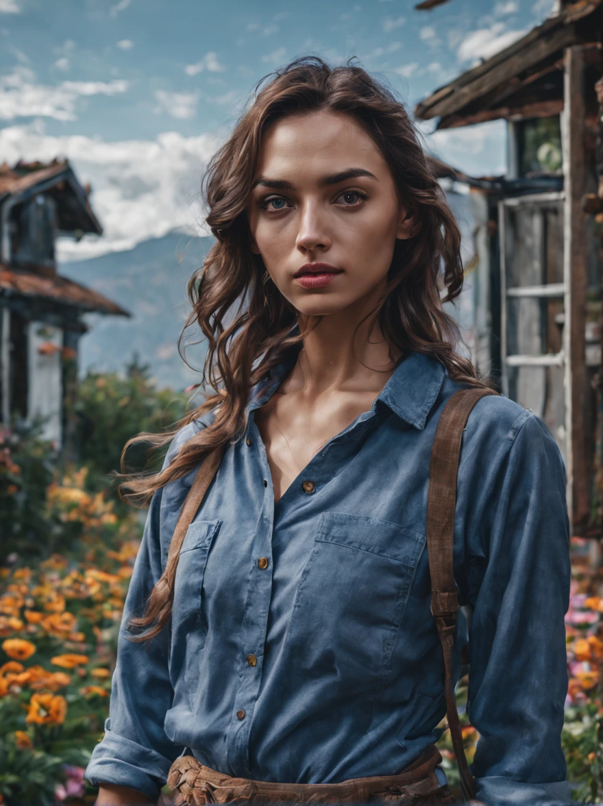 ((Waist Up Shot)) Professional Photo of 20 yo European Look gorgeous female [Gal Gadot : Maude Adams : 0.4] donning casual modest long sleeves flannel shirt, blue jeans trousers, adidas sneakers walks at her breath-taking surreal urban garden scene with full of beautiful and vibrant purple eggplant and other produces, her cozy Tiny House in background, sustainable off grid living, blue sky with cotton like white clouds, detailed face, detailed hair, sharp focus, Portrait photo, by WLOP and Thomas Ruppel, masterpiece, stunning, fantasy, hyper detailed, 8k character,