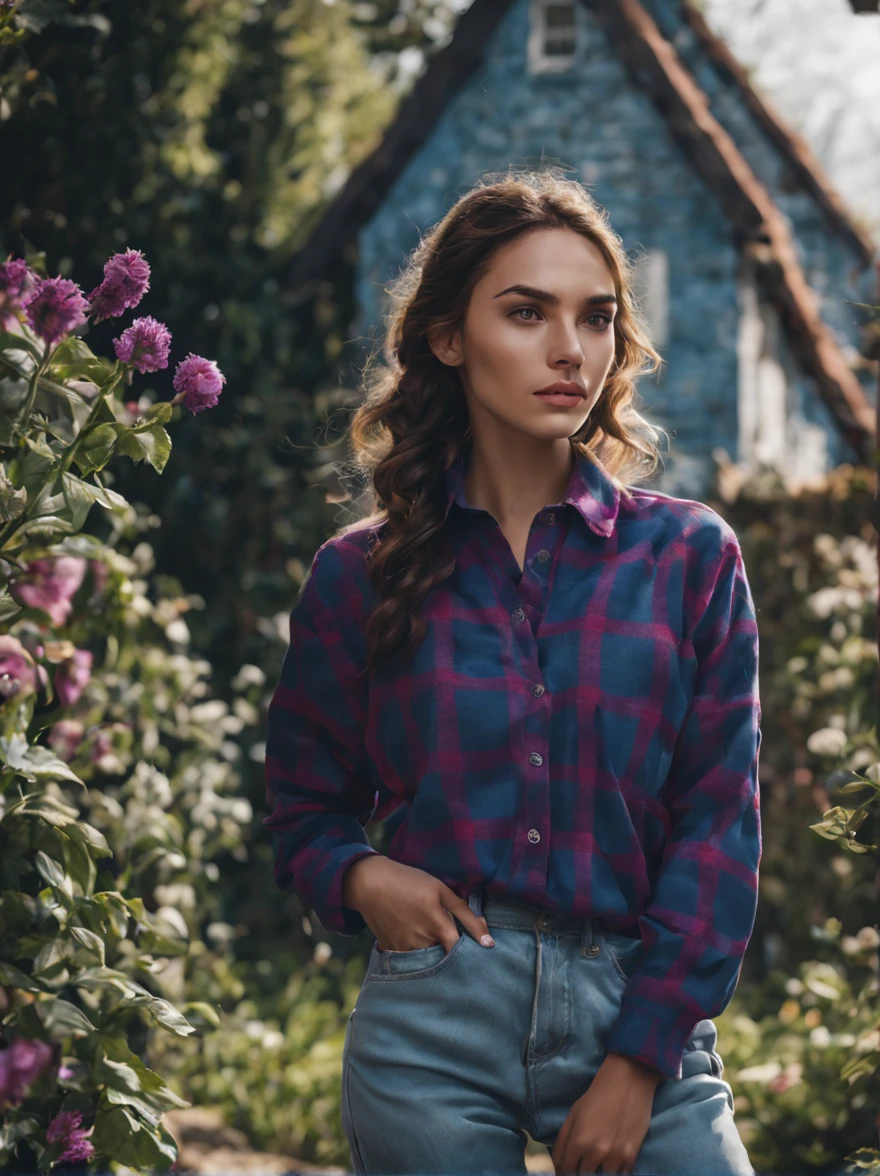 ((Waist Up Shot)) Professional Photo of 20 yo European Look gorgeous female [Gal Gadot : Maude Adams : 0.4] donning casual modest long sleeves flannel shirt, blue jeans trousers, adidas sneakers walks at her breath-taking surreal urban garden scene with full of beautiful and vibrant purple eggplant and other produces, her cozy Tiny House in background, sustainable off grid living, blue sky with cotton like white clouds, detailed face, detailed hair, sharp focus, Portrait photo, by WLOP and Thomas Ruppel, masterpiece, stunning, fantasy, hyper detailed, 8k character,