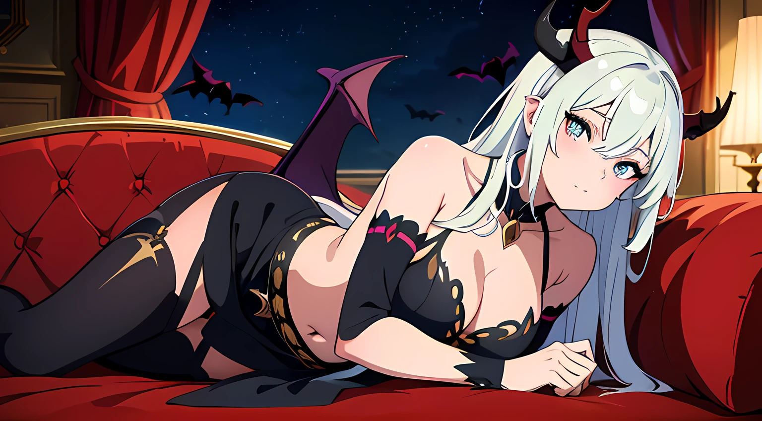 (2 demon girl), (beatiful eyes finely detailed, face to detail, two tone hair color, have horns, have bat wings), (full body:0.8), knight armored, contemptuous facial expression, laying her back on sofa, middle ages style bedroom, full body, anime best girl, masterpiece sidelighting, night time, masterpiece, top-quality, detailed, High resolution illustration