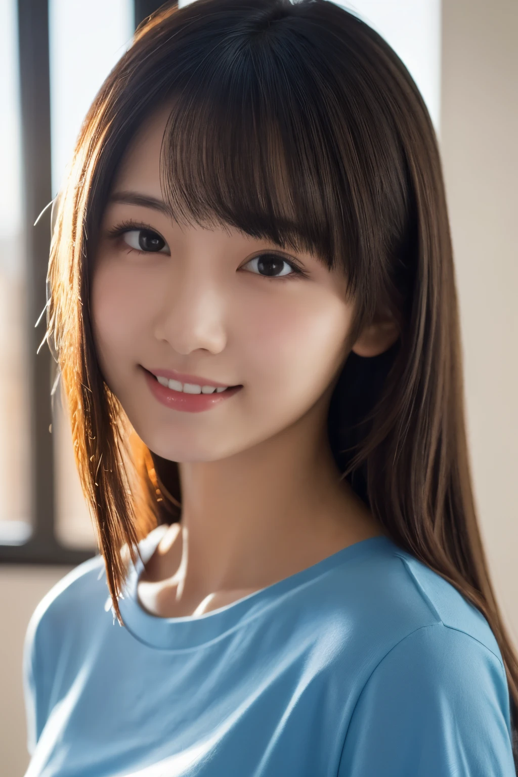 1girl in, (Wearing a light blue T-shirt:1.2), (15 years old:1.5), Young Face, Cute face, 
(Raw photo, Best Quality), (Realistic, Photorealsitic:1.4), masutepiece, foco nítido, 
Extremely delicate and beautiful, Extremely detailed, 2k wallpaper, amazing, finely detail, 
the Extremely Detailed CG Unity 8K Wallpapers, Ultra-detailed, hight resolution, Soft light, 
Beautiful detailed girl, extremely detailed eye and face, beautiful detailed nose, Beautiful detailed eyes, 
break
In the bright living room, Cinematic lighting, 
Perfect Anatomy, Slender body, Straight long hair, Parted bangs, innocent smiles, Looking at Viewer