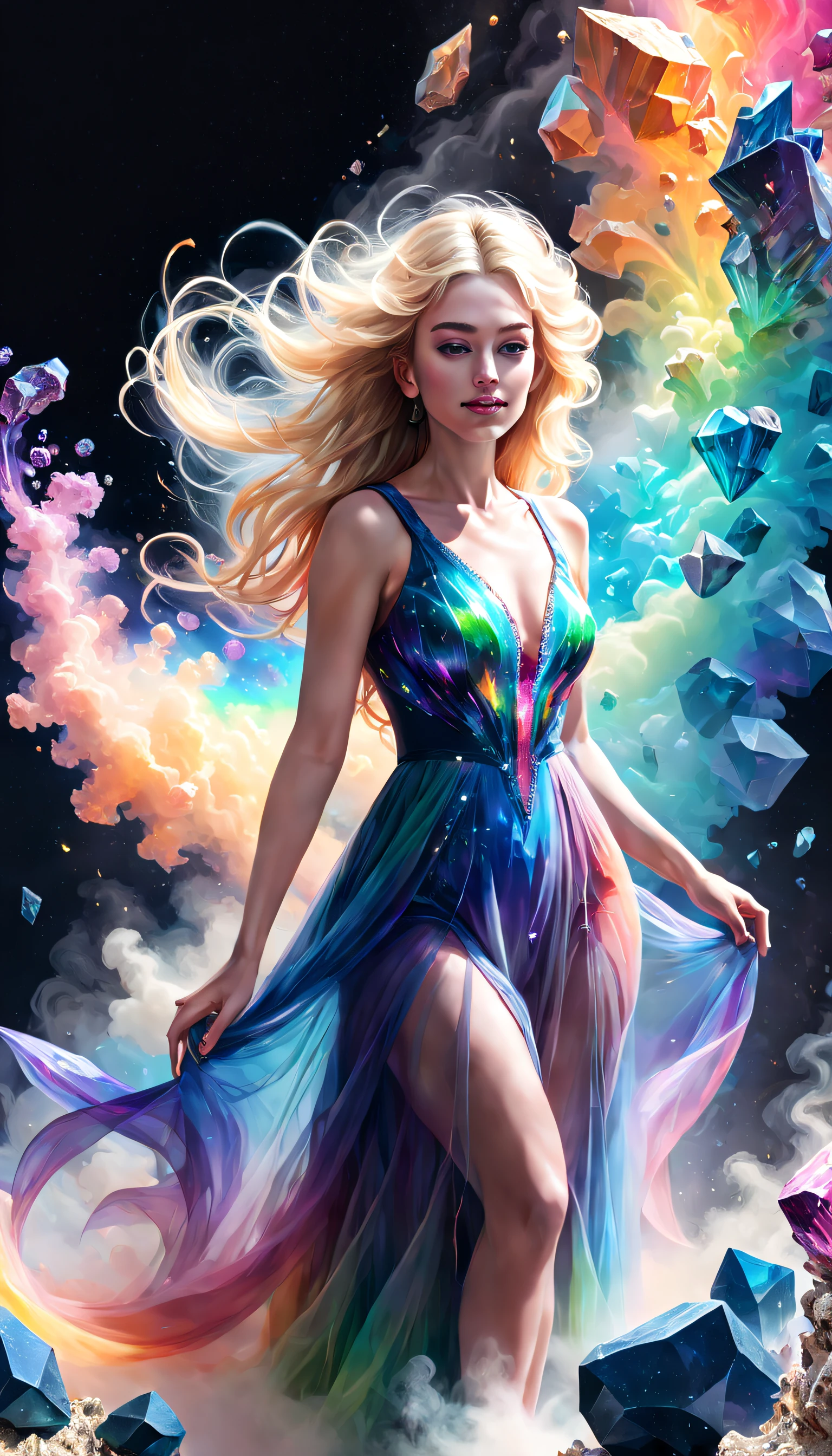 romanticism lain, hyper HD, Ethereal, mistic, Full body portrait of a beautiful and charming young woman, Flawless face, Endless extra-long blonde hair, flow around her, blown away by the wind, (A soft rainbow smoke floats around her body) like an elegant dress ((Made of vibrant and vivid, smooth private parts, Soft swirls of billowing smoke and colorful cosmic nebulae)), the are In the background ((Stunning crystals and a variety of colorful minerals: 1.6)), Fantasyart, photo-realism, Hyper-realism, The is very detailed, Popular topics on artstationh, Focus sharp, The best shadow, Best quality at best, dynamic compositions, studio photo, Complicated details, primitive, simulating, Digital SLR, smile, Cinematic, Surrealism, Contemporary art, cinematic lighting, ray tracing, god rays, 16k, UHD, best quality, highres, high quality, textured skin, masterpiece