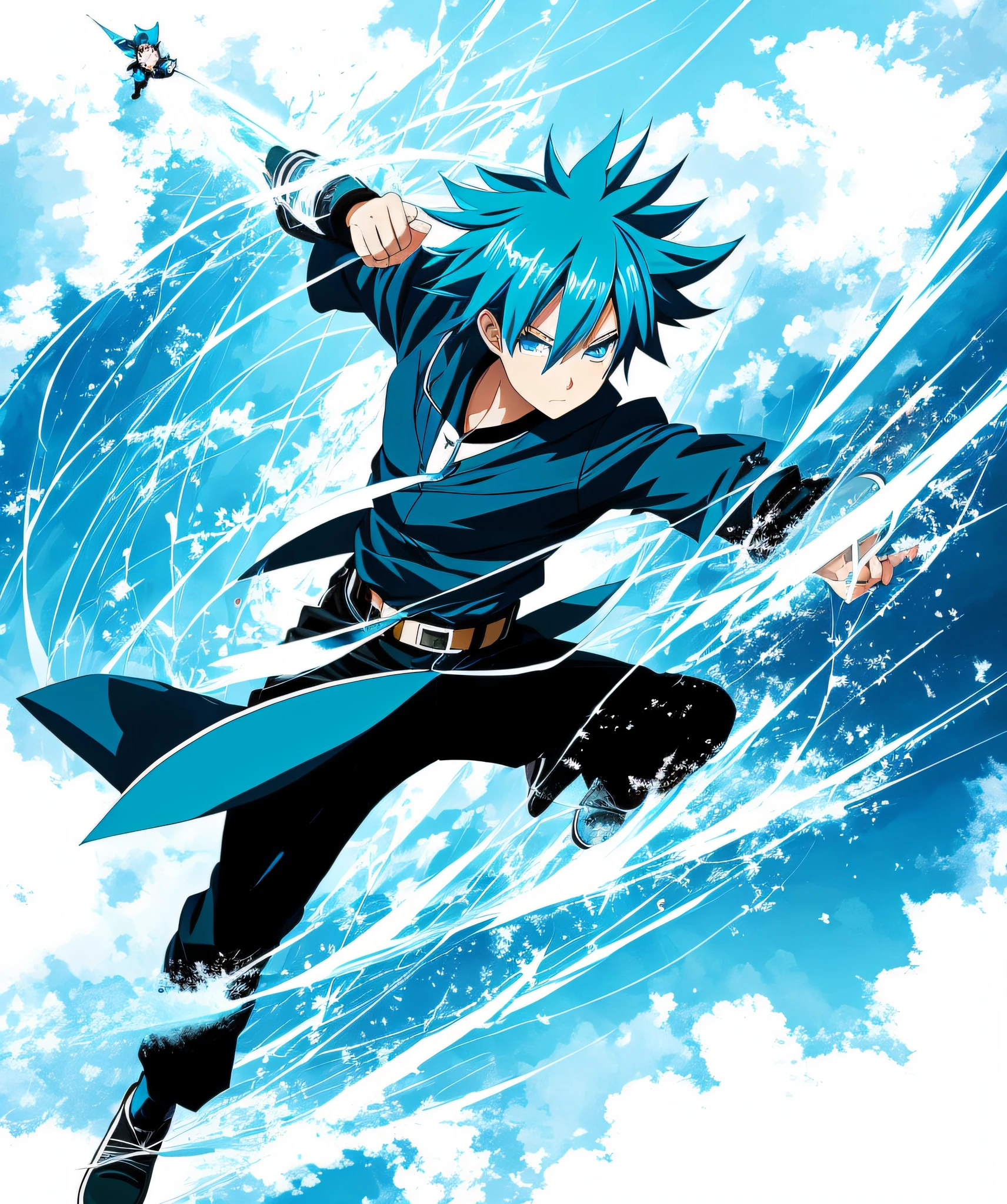 Anime boy with blue hair and blue eyes flying in the air, Two-dimensional anime, 2 d anime style, Two-dimensional art, 2d art, Fighting posture, super super dynamic dynamic pose,, Anime style characters, comic character, flying anime esper, Full body lesbian!! Dynamic Action Pose, 2D sprites, two dimensional numbers，hyper HD，4K分辨率，Details at a glance，hair looks good，Normal body，Hands are normal，