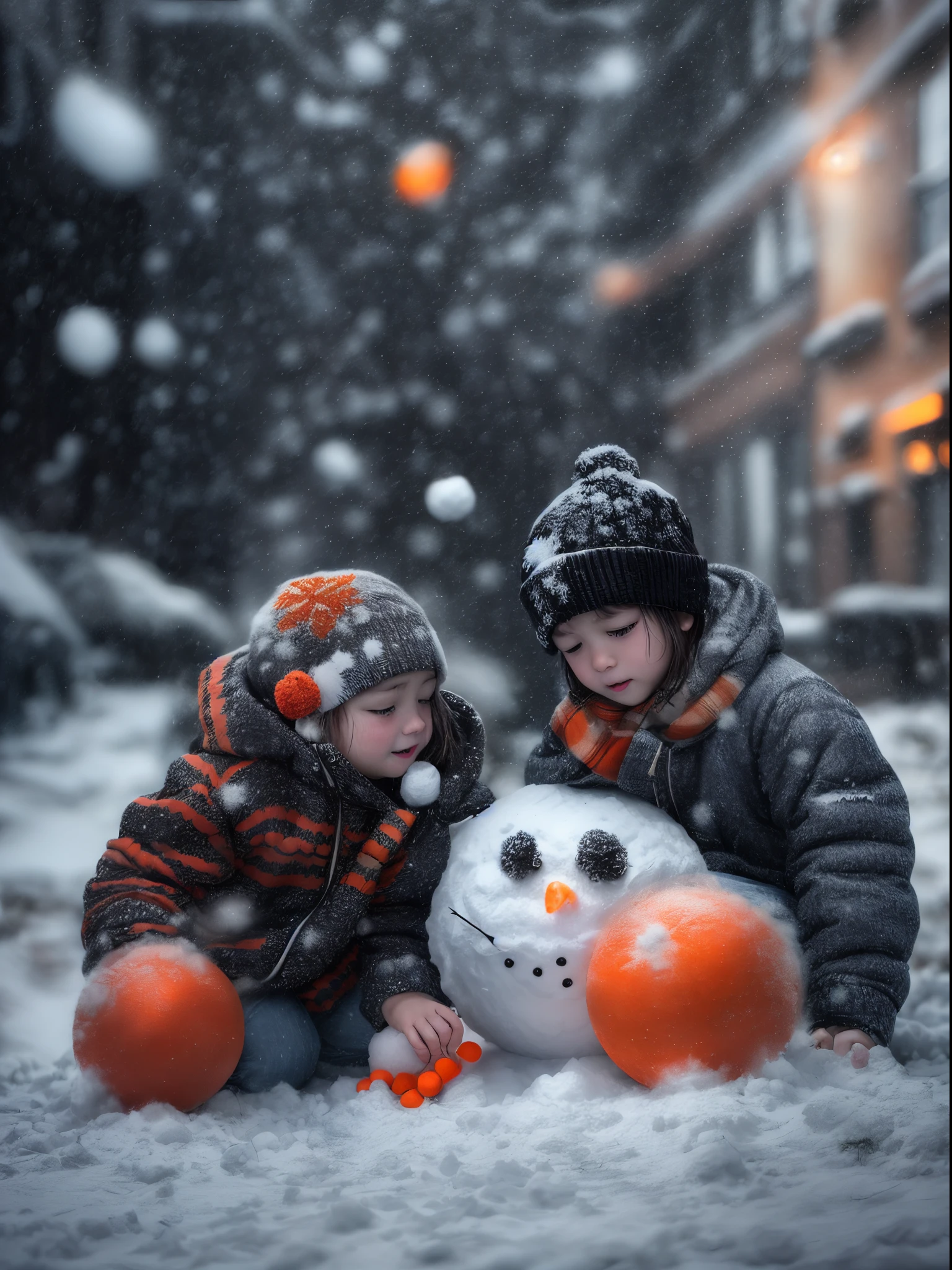 1Snowman, snow flakes, children playing with snow ball, semi realistic, extremely detailed eyes, street photography, dark moody orange and black settings, cool environment, artificial intelligence