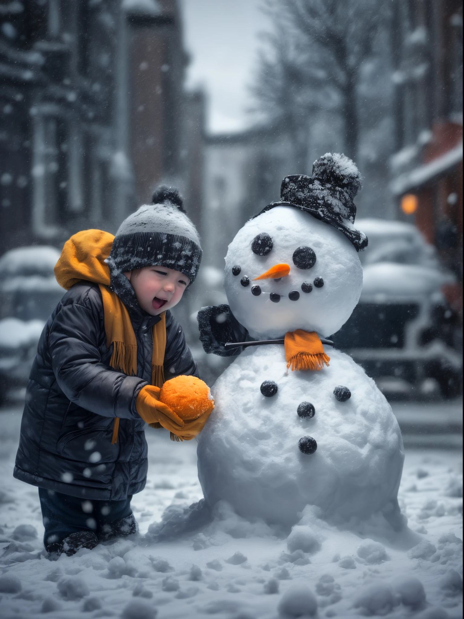 1Snowman, snow flakes, children playing with snow ball, semi realistic, extremely detailed eyes, street photography, dark moody orange and black settings, cool environment, artificial intelligence