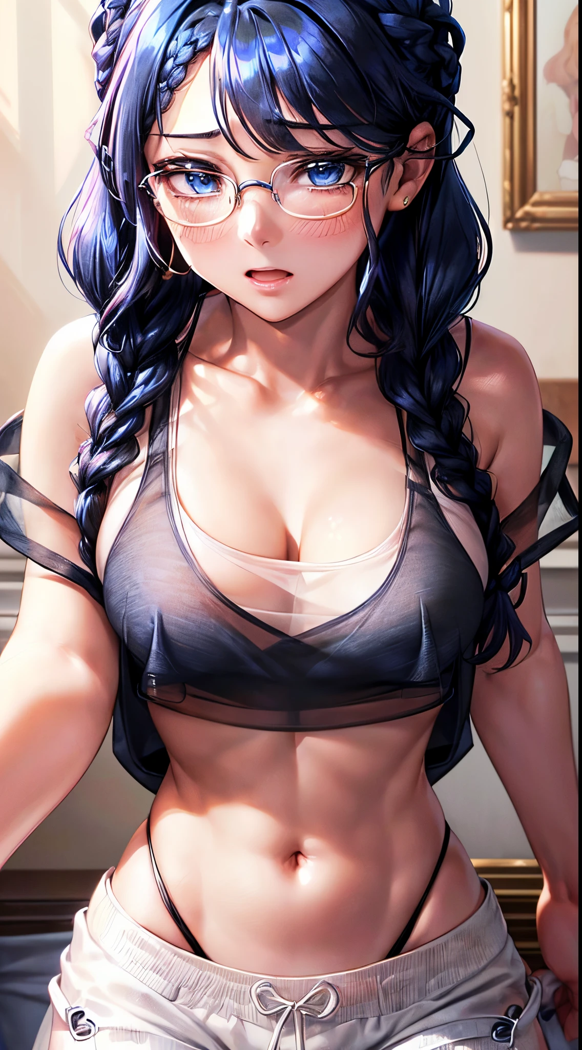 1womanl,Golden head hair, ,((Impatient expression)),Beautiful breasts,,well-styled,,(Facing the front)(((Blushing cheeks、Surprised look)),(((Braids))),((( Upper body portrait)))Frameless glasses,Blue eyes,(((Bangs are aligned)))(())(((Sexy black bra))),(((See-through white tank top))),(((shortpants)))