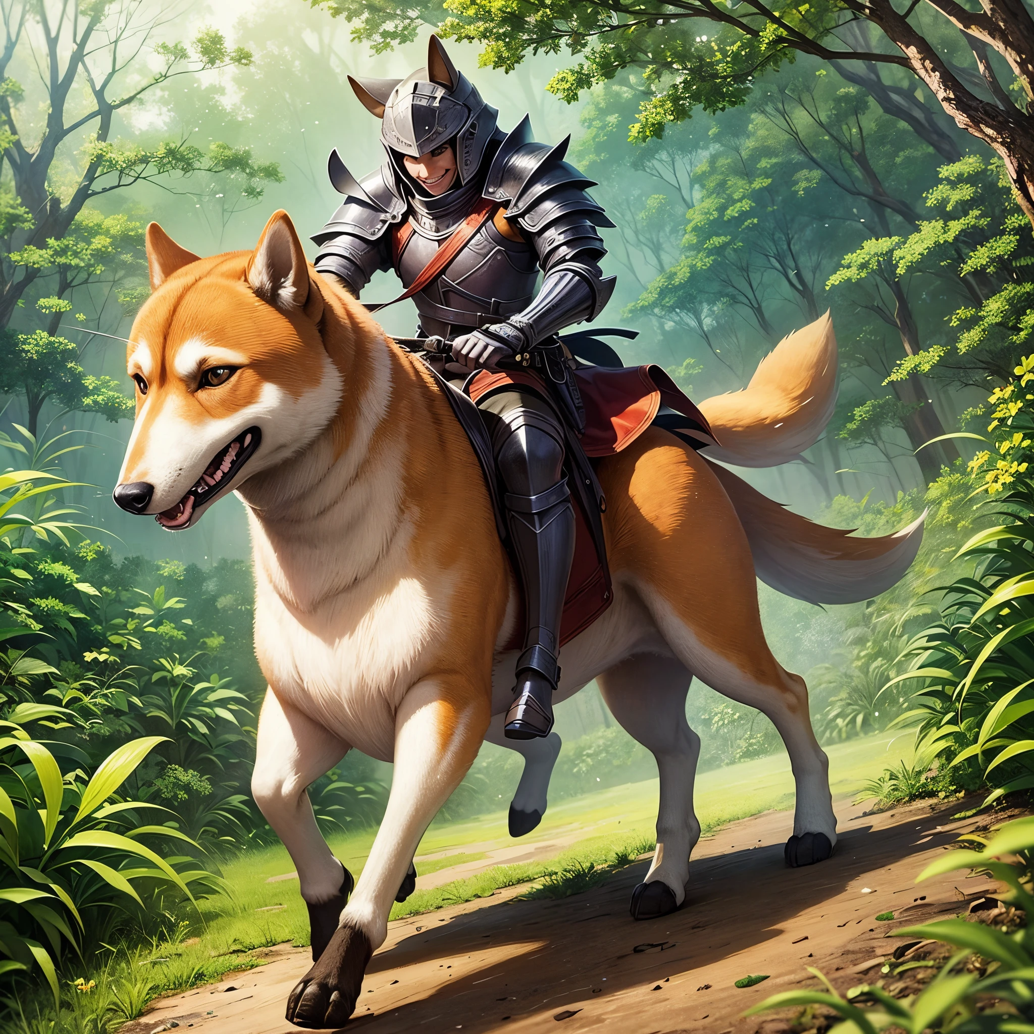 A knight rides a Shiba Inu to fight on the battlefield. The Shiba Inu is smiling and cute. The environment is a jungle. --auto --s2