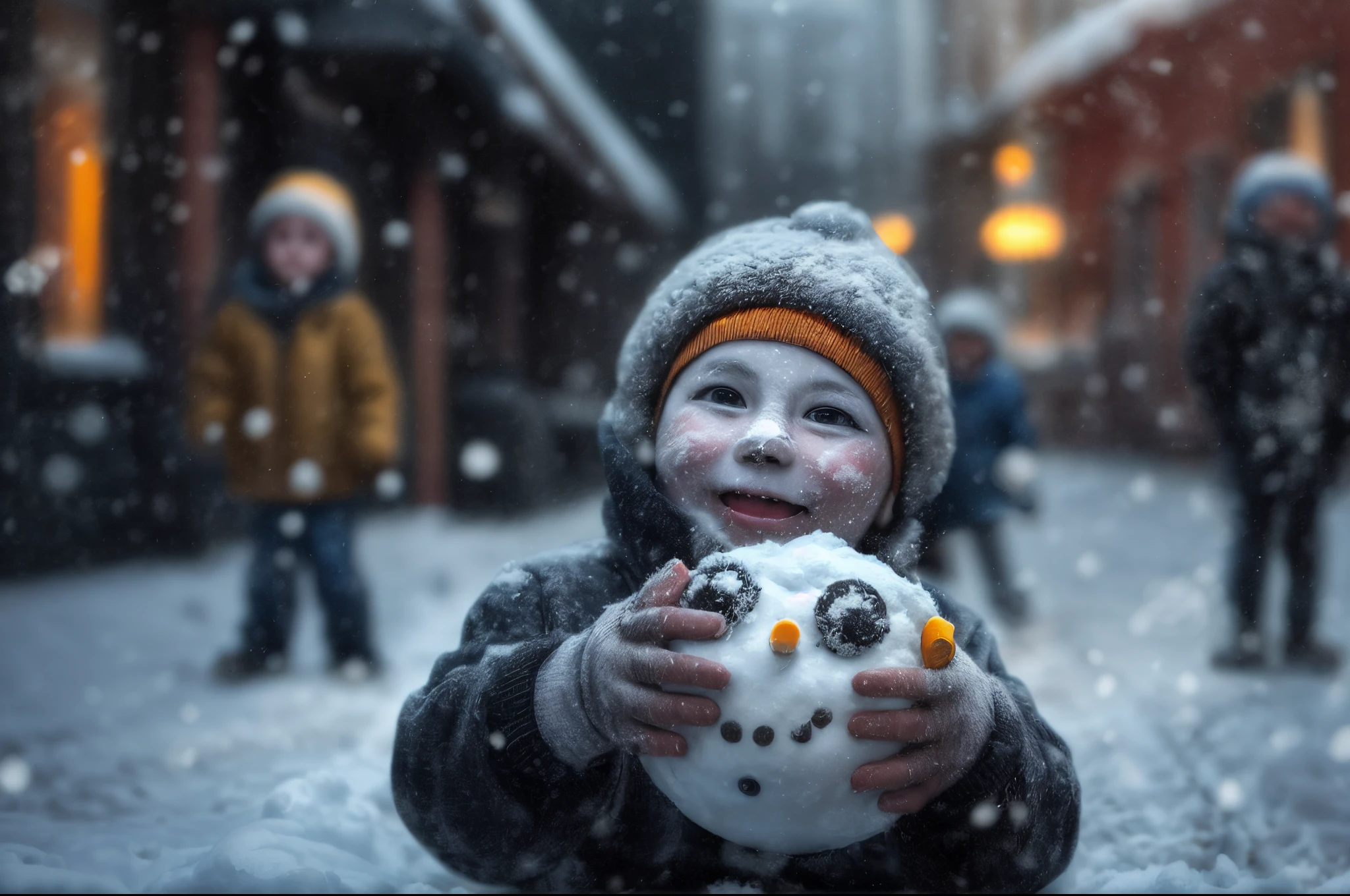 1Snowman, snow flakes, children playing with snow ball, semi realistic, extremely detailed eyes, street photography, dark moody orange and black settings, cool environment, artificial intelligence