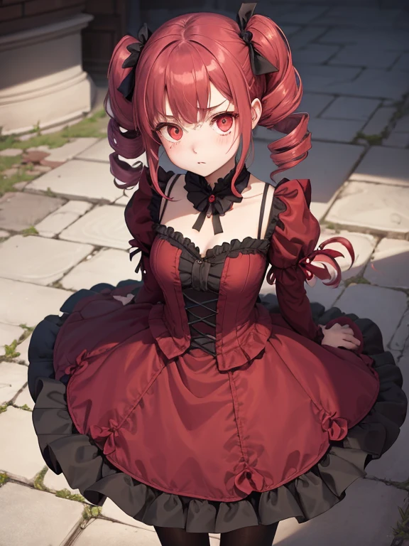 1girl, crimson gothic dress, twin drills, ashamed, upturned eyes, avert eyes, fuzzy, looking away, head tilted, from above