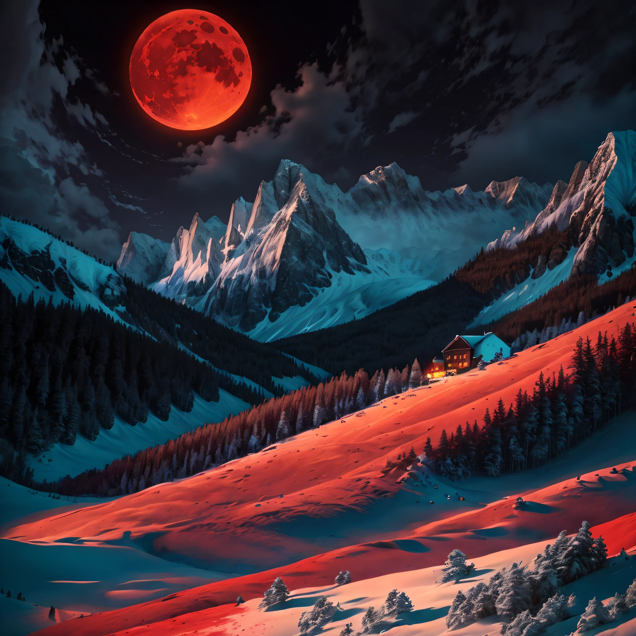 There is a house on the hill in the foreground and a full moon in the sky, 8K Stunning Artwork, Epic red-orange moonlight, Detailed crimson moon, Beautiful Art Ultra HD 4K, Red Moon, stunning digital painting, 4k highly detailed digital art, Inspired by Stephen Cordell, Beautiful digital artwork, Huge red moon, jessica rossier color scheme,There is snow around the house