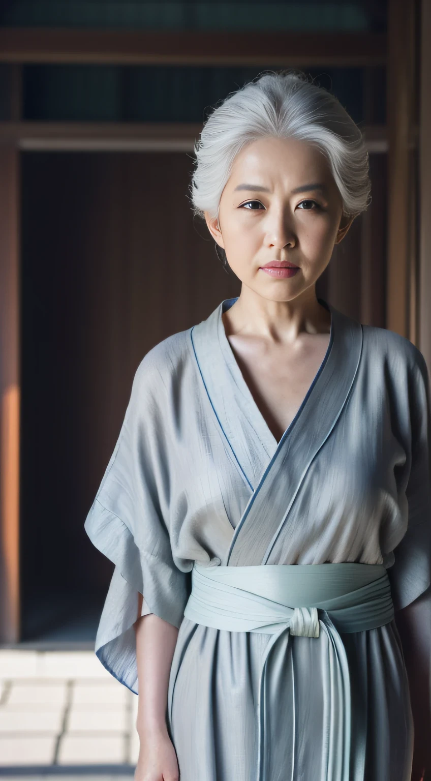 ((Best quality, 8K, Masterpiece :1.3)), Sharp focus:1.2 , Photorealsitic,(Cinematic lighting),Facial detail texture. Eye details. Double eyelids, Slender body. Super small breasts, Sexy collarbone,70-year-old grandmother, photo-realistic:1.37,Perfect eyes, ((1 Old man in a gray yukata)),(white sash),(Thick cloth),((Ragged linen)),With a petite figure,whaite hair,hair-bun,Qi bangs,Stand in the snow,Hands behind your back,Full body like,short- sleeved,robe,folds,((solid color backdrop)),Front lens,There are a few wrinkles on the face,Traditional Chinese women,Be kind,white haired Cangcang,Shanshui temple background,in a temple,Clear day,Back to the bell tower,full bodyesbian,Full body like,frontage
