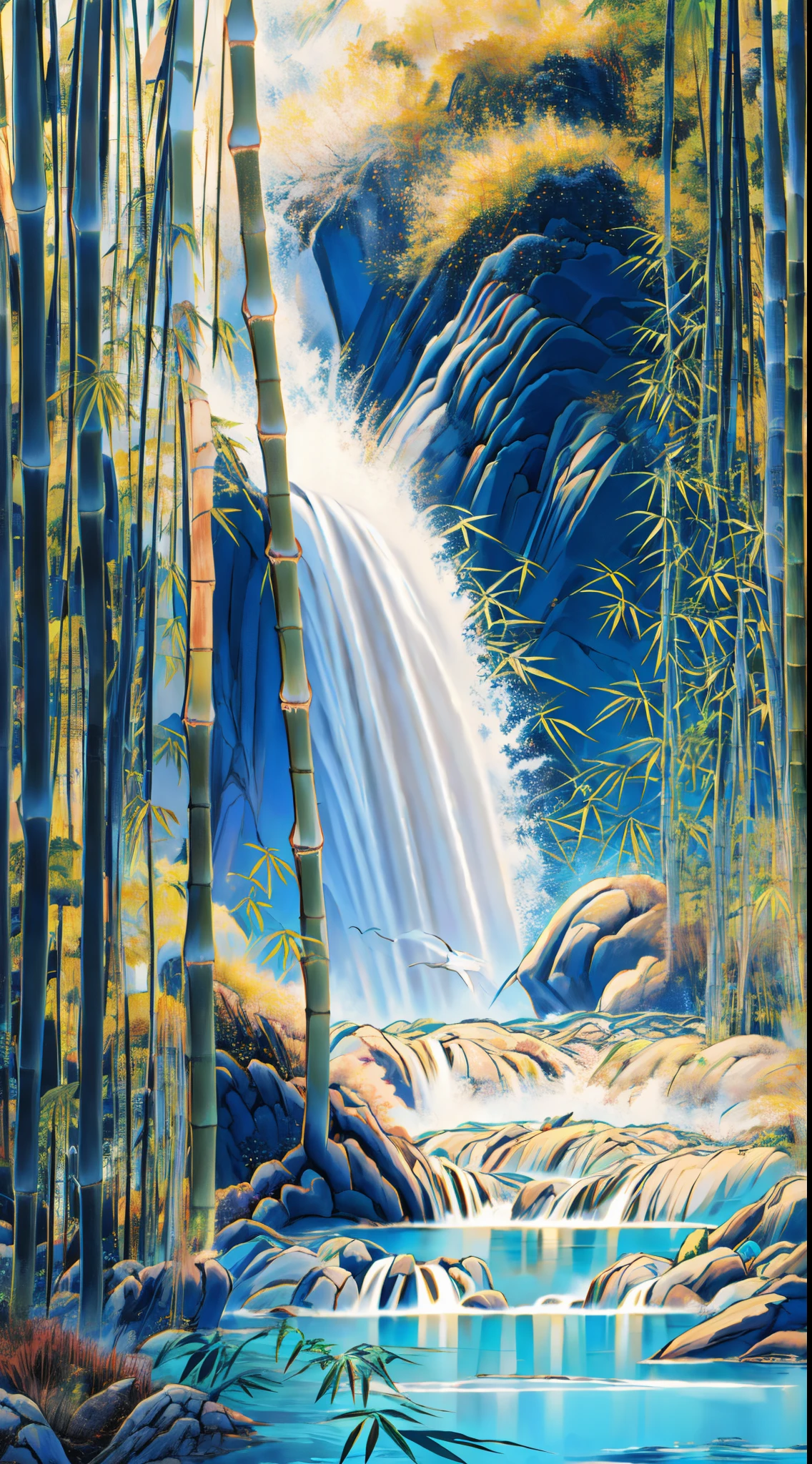 with blue sky and white clouds, (bamboo forrest), Yamakawa, lakes, waterfallr. Tender bamboo flushes green, The shade of the trees blocks the sun, Waterfall flying、spring water surging,Best quality at best, ultra - detailed, The best shadow,8K,offcial art