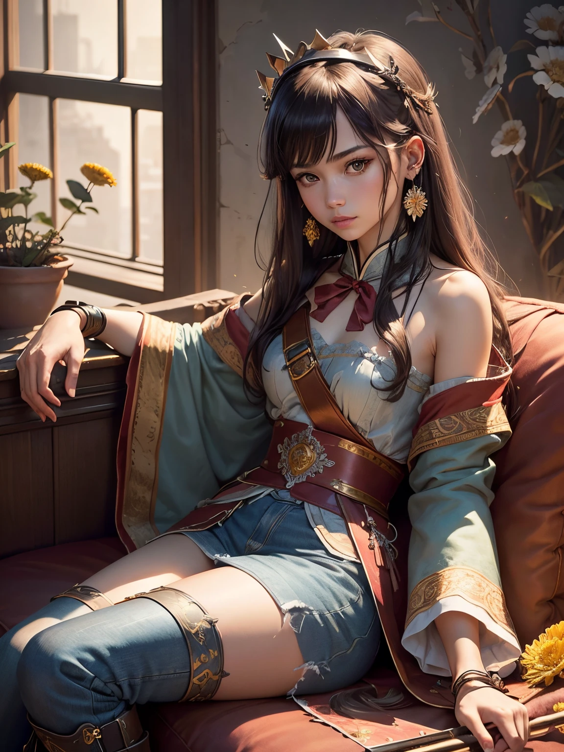 Best Quality, masutepiece, ultra-detailhigh-resolution, (Realistic: 1.4), Watercolor style, Illustration, Dazzling background color,, Skinny Girl with Weapons, (solo exhibition: 1.2), (denim lens: 1.2), (Hair crown: 1.2), （dark brown hair,Traditional Chinese Dunhuang costumes, No strap, (Red Eyeliner: 1.2), (: 1.4), （Accurate Hand Modeling),earrings, Dynamic Angle, Opera House, Messy_long_hair, inky, movie lights, lens_f lare, velvet, chrysanthemums, tassels, bow ribbon, Color embroidery,long boots,Photograph the whole body,sit in a chair and relax,Holding a sword in his right hand,Camera work shot from a distance,