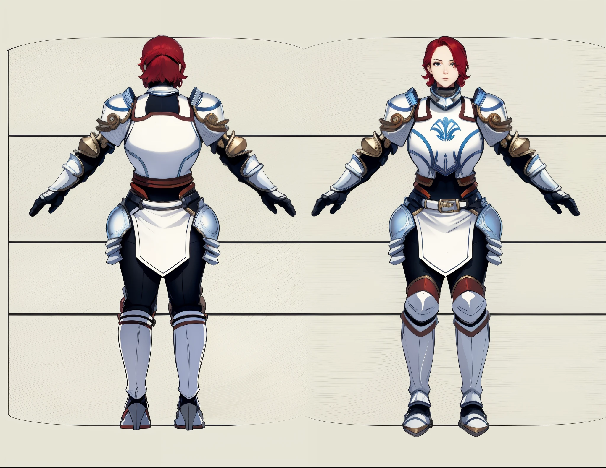 (masterpiece:1.1),(highest quality:1.1),(HDR:1),extreme quality, a close up of a person in armor with red hair, full body character concept, full body concept, detailed full body concept art, concept armor, detailed full body concept, full body concept art, valkyrie style character, game character design, concept character, full body character concept art, 3 d character reference sheet, female mecha, video game character concept, detailed character design, character sheet, character model sheet turnaround , front and back, front and back, Paladin wearing Silver Chain Armor with Moonlit Edges, black pants inside, red loincloth