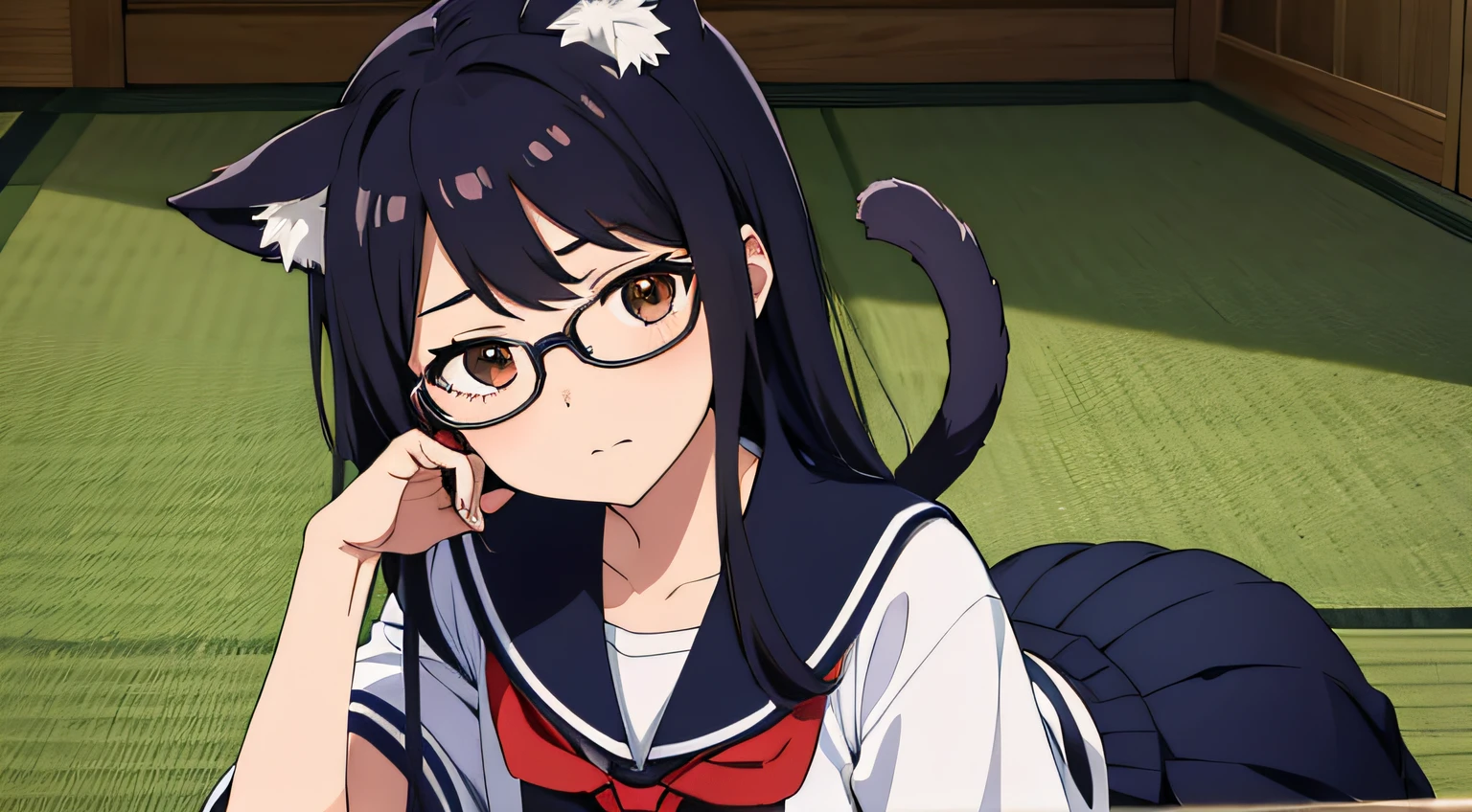 a typical japanese school girl wearing glasses, nekomimi
