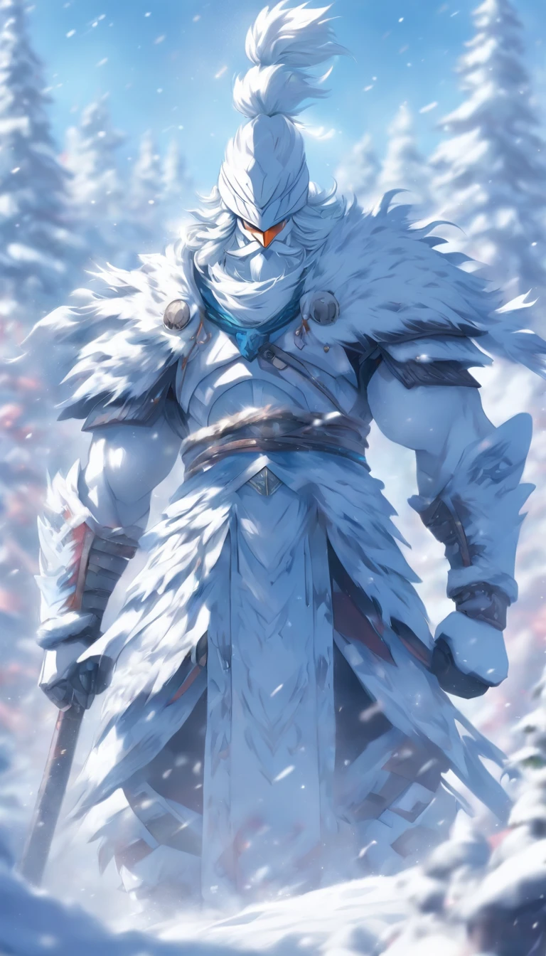 (masterpiece, best quality, ultra-detailed, photorealistic), a warrior snowman, made of show, walking, snowy mountain area, dynamic pose