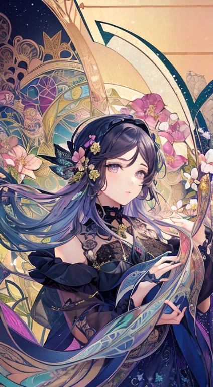 (art nouveau:1.25), Maximalism artstyle,neon theme,suprematism,beautiful detailed flower, beautiful detailed eyes,hyper detailed,flower,hyper quality,,eyes,flower and hair is same color,beautifuly color,face,her hair is becoming flower, flower,hair,flower,butterfly,,1girlkawaii,,high details, high quality,back light,hair and clothes is flower,upper body ,high quality,hair with body ,webbed dress, upper body, flower leg, flower hands,body with flower,    flower with clothes , dress with flower, , light particles,black background,  Hair with flower,small breast with flower,floating hair with flower,floating1girl,small breast,  marbling with hair and clothes, looking at viewer,original,arm down, paper cutting, black background, flower forground,  hair with flower,highres, hair with  flower,hair with flower ,hair,  wavy hair ,diffusion lighting, abstract,Butterfly with  body,   flower with hair, her hair is flower,big top sleeves, floating,pupils, [[hair over one eye]],dark