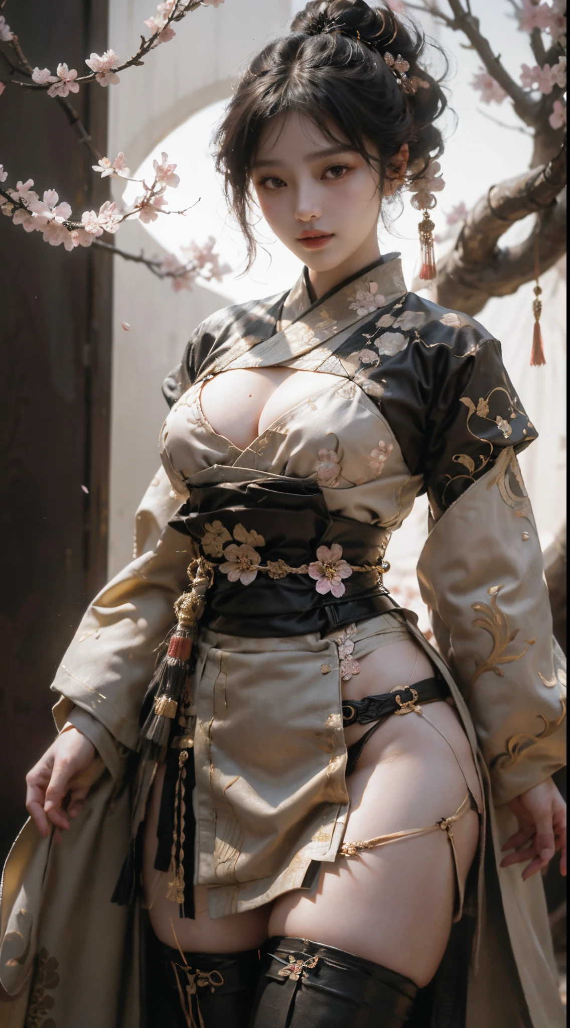 A brave and noble panda Girl samurai warrior, wearing highly detailed white samurai armor, wearing a sashimono war flag on his back, sengoku period, highly detailed background, cherry blossoms blowing in the wind, perfect masterpiece, high quality, high resolution, Full body photo of Chinese girl，huge-breasted:1.7｛Slim body:1.3｝｛intricately details、depth of fields、Sexy adult woman、with short black hair，Sexy body, Raised sexy，Photorealistic rendering，Black ，pink areolae