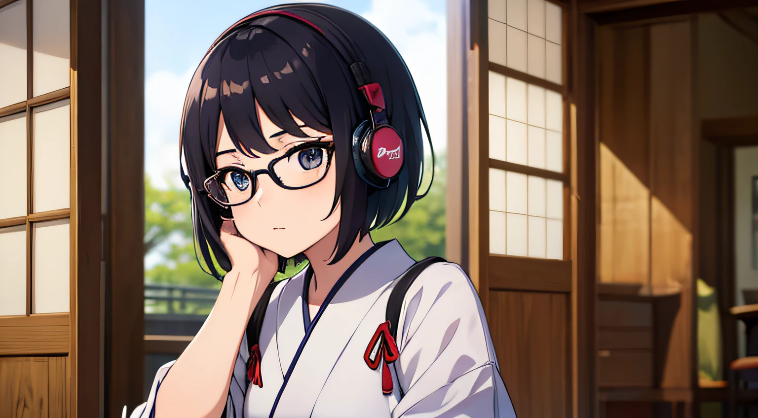 a typical japanese school girl wearing glasses, short hair, wearing headphone