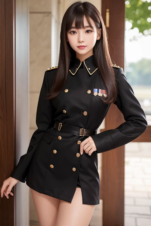 ((glistning skin))、女の子1人、18 year old beautiful girl in Prague、bright expression、with round face、Glossy glossy skin、(Medium Hair)、eye liner、Beautiful bangs、Hair between the eyes、Digital SLR、Soft light、hightquality、natural soft light、Looking at the camera, Soft smile、Black military uniform、Military Academy、Black miniskirt、Background inside the house、Open chest of outerwear 1:9、beutiful breast、