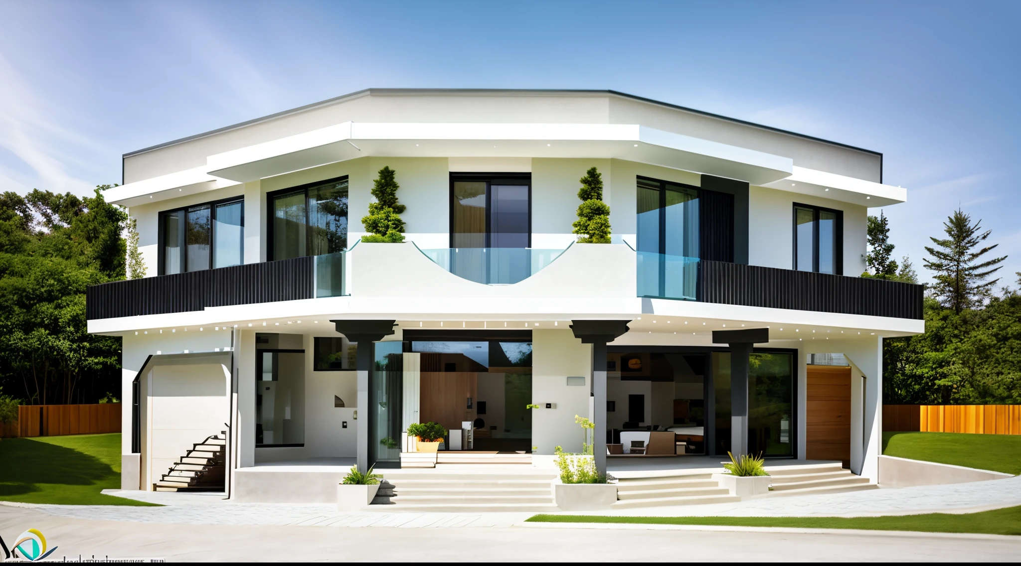 Perspective of a modern house with a large enough front yard, the main materials are walls, stone and light yellow wood, the road running in front of the house, (RAW photo, real, best quality, masterpiece: 1.2), view modern minimalist present, 1 road in front of the house, shime ring light, indoor brightness:1,2, dynamic light:1,3, (surreal, photo real:1,2), high quality, daylight, high contrast:0.5 perfect light, Archdaily, award-winning contemporary masterpiece, award-winning contemporary, beautiful design masterpiece, spacious modern villa, neo-traditional modern, wide angle exterior 2022, contemporary home, mid-century modern, stylish modern feel, long front view, award-winning modern design, stunning lines, residential Residence, delicate details, gentle interior: 1.3