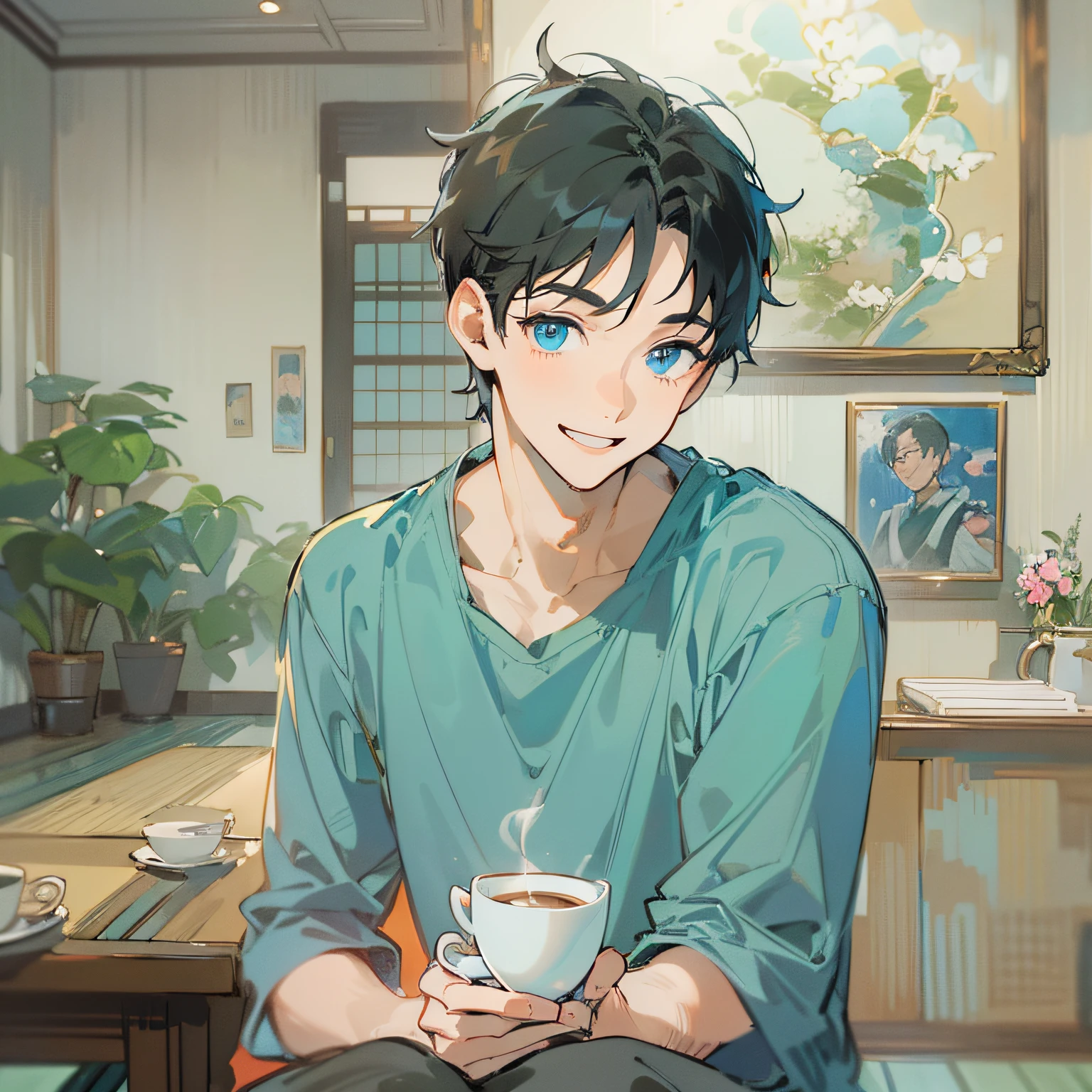 masterpiece、hightquality、25 year old man with short black hair and blue eyes、Like a cartoon in Japan、wearing a shirts、(Alone:1.5)、(Smiling expression:1.1)、(Close-up of your face:1.3)、(Only the upper body is shown.:1.3)、Drinking coffee、The background is the living room、Bold composition、