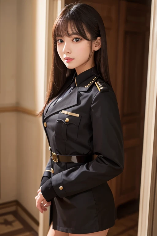 ((glistning skin))、1人、18 year old beautiful girl in Prague、bright expression、with round face、Glossy glossy skin、(Medium Hair)、eye liner、Beautiful bangs、Hair between the eyes、Digital SLR、Soft light、hightquality、natural soft light、Looking at the camera, Soft smile、Black military uniform、Military Academy、Black miniskirt、Background inside the house、Open chest of outerwear 1:9、beutiful breast、