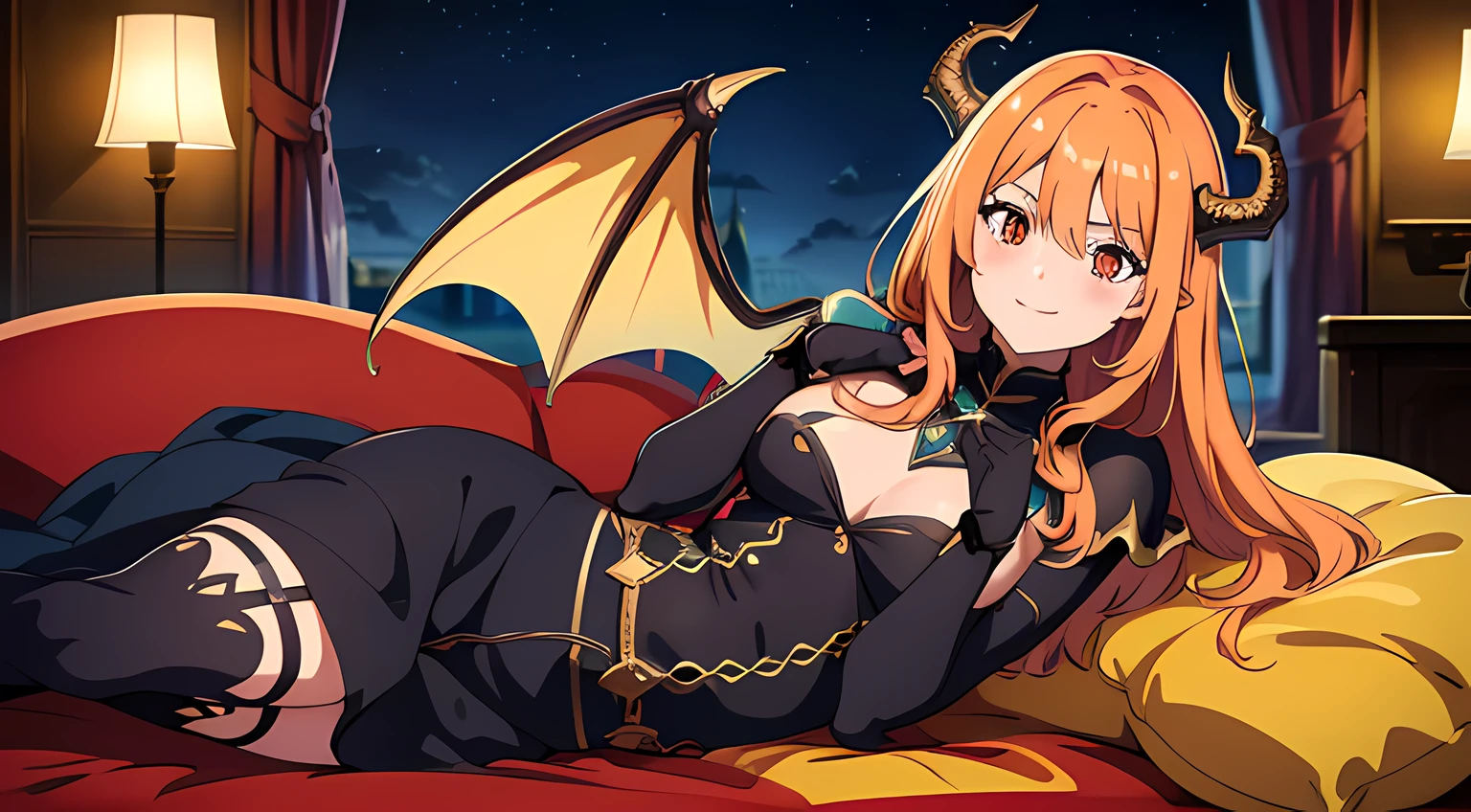 (2 demon girl), (beatiful eyes finely detailed, face to detail, light orange hair color, have dragon horns, have dragon wings), (full body:0.8), knight armored, toothy smile, blush on their face, contemptuous facial expression, laying her back on sofa, middle ages style bedroom, full body, anime best girl, masterpiece sidelighting, night time, ​masterpiece, top-quality, detailed, High resolution illustration