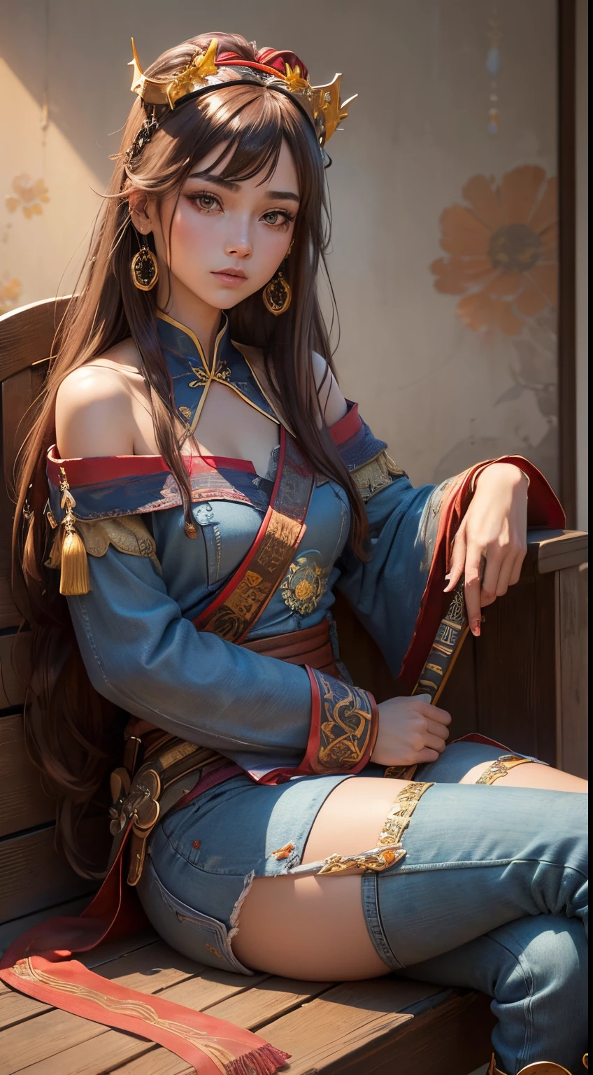 Best Quality, masutepiece, ultra-detailhigh-resolution, (Realistic: 1.4), Watercolor style, Illustration, Dazzling background color,, Skinny Girl with Weapons, (solo exhibition: 1.2), (denim lens: 1.2), (Hair crown: 1.2), (dark brown hair,Traditional Chinese Dunhuang costumes, No strap, (Red Eyeliner: 1.2), (: 1.4), (Accurate Hand Modeling),earrings, Dynamic Angle, Opera House, Messy_long_hair, inky, movie lights, lens_f lare, velvet, chrysanthemums, tassels, bow ribbon, Color embroidery,long boots,Photograph the whole body,sit in a chair and relax,Holding a sword in his right hand,Camera work shot from a distance,