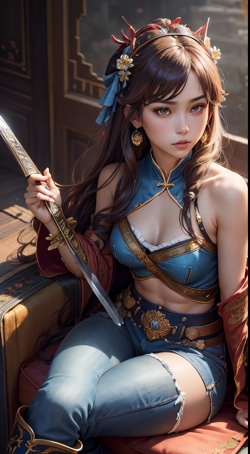 Best Quality, masutepiece, ultra-detailhigh-resolution, (Realistic: 1.4), Watercolor style, Illustration, Dazzling background color,, Skinny Girl with Weapons, (solo exhibition: 1.2), (denim lens: 1.2), (Hair crown: 1.2), (dark brown hair,Traditional Chinese Dunhuang costumes, No strap, (Red Eyeliner: 1.2), (: 1.4), (Accurate Hand Modeling),earrings, Dynamic Angle, Opera House, Messy_long_hair, inky, movie lights, lens_f lare, velvet, chrysanthemums, tassels, bow ribbon, Color embroidery,long boots,Photograph the whole body,sit in a chair and relax,Holding a sword in his right hand,Camera work shot from a distance,