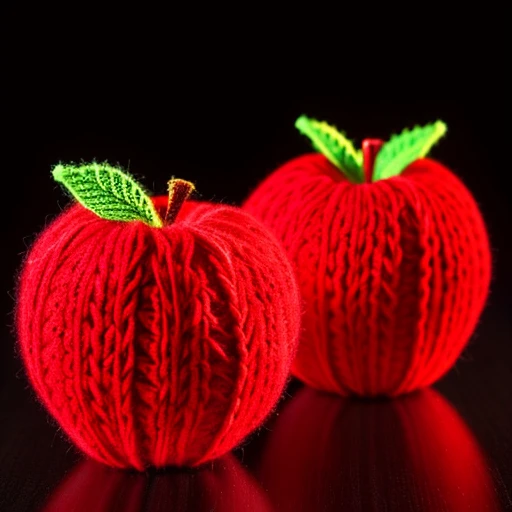 (a pair of realistic knitted red apple fruits, knitted from yarn 3D object, white background),(best quality, high-res, vivid colors), (soft and cozy, handcrafted texture), (detailed stitching, carefully crafted),(perfectly shaped, lifelike appearance),(subtle shadows, studio lighting),(knit pattern, intricate design)