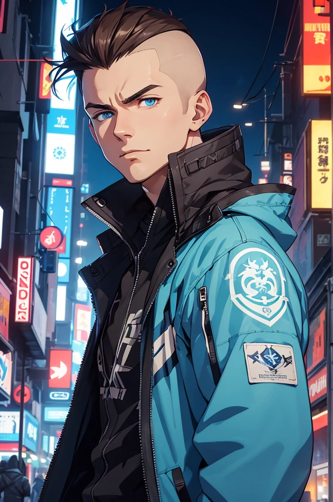 a 25-year-old boy, medium brown hair, side of head shaved, blue eyes, 1 person male, anime style, cyberpunk, blue and white jacket, illuminated streets, high-quality image, 4k, cinematographic, detailed face, detailed image, dragon logo